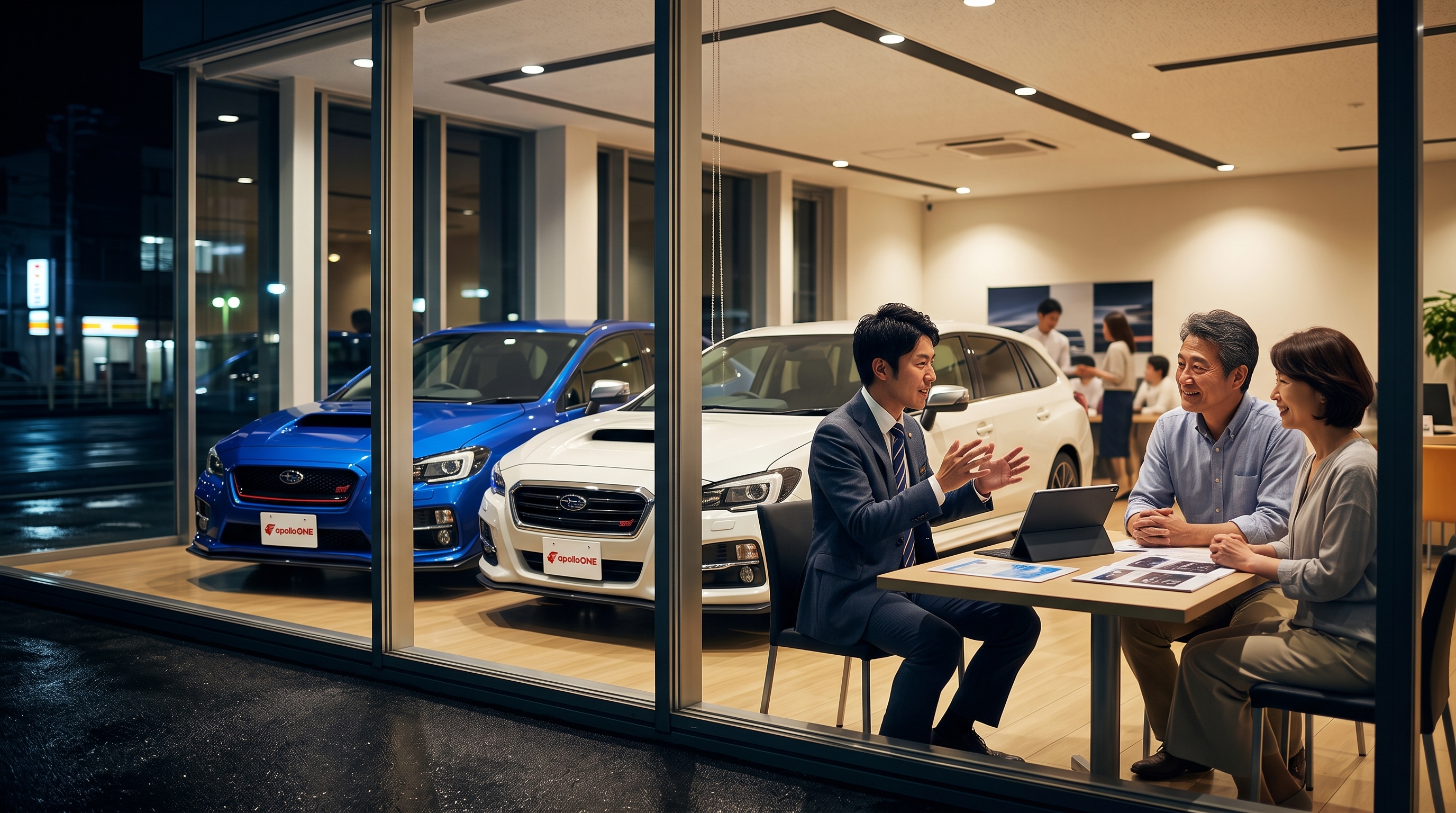 夜の自動車ショールームを窓の外から捉えた様子。温かいスポットライトに照らされた店内で、展示車を前にスタッフと客が身振り手振りを交えて熱心に商談しているシーン。
