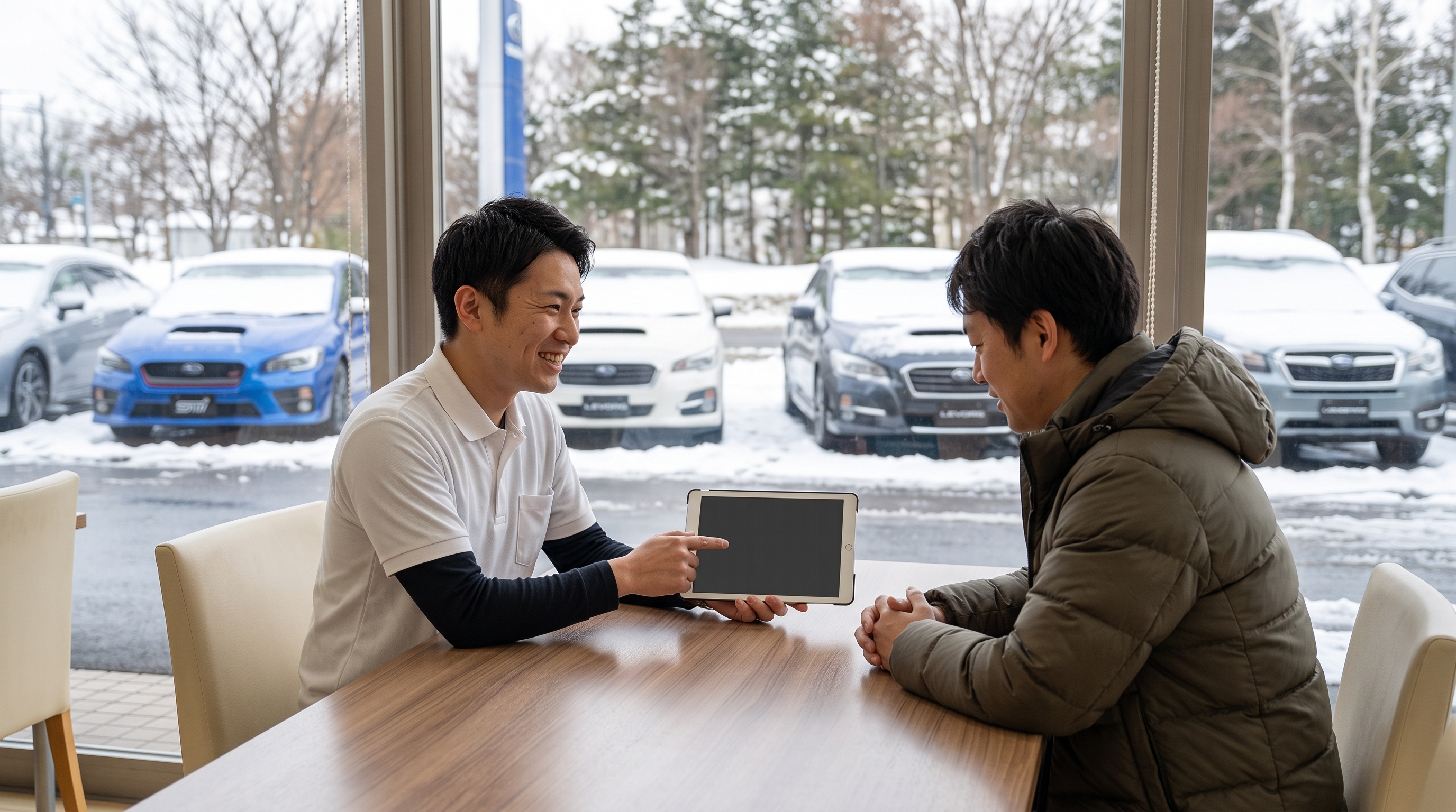 冬の明るいショールームの商談スペースで、笑顔のスタッフがタブレット端末を使い、ダウンジャケットを着た顧客に車の状態について丁寧に説明しているシーン。