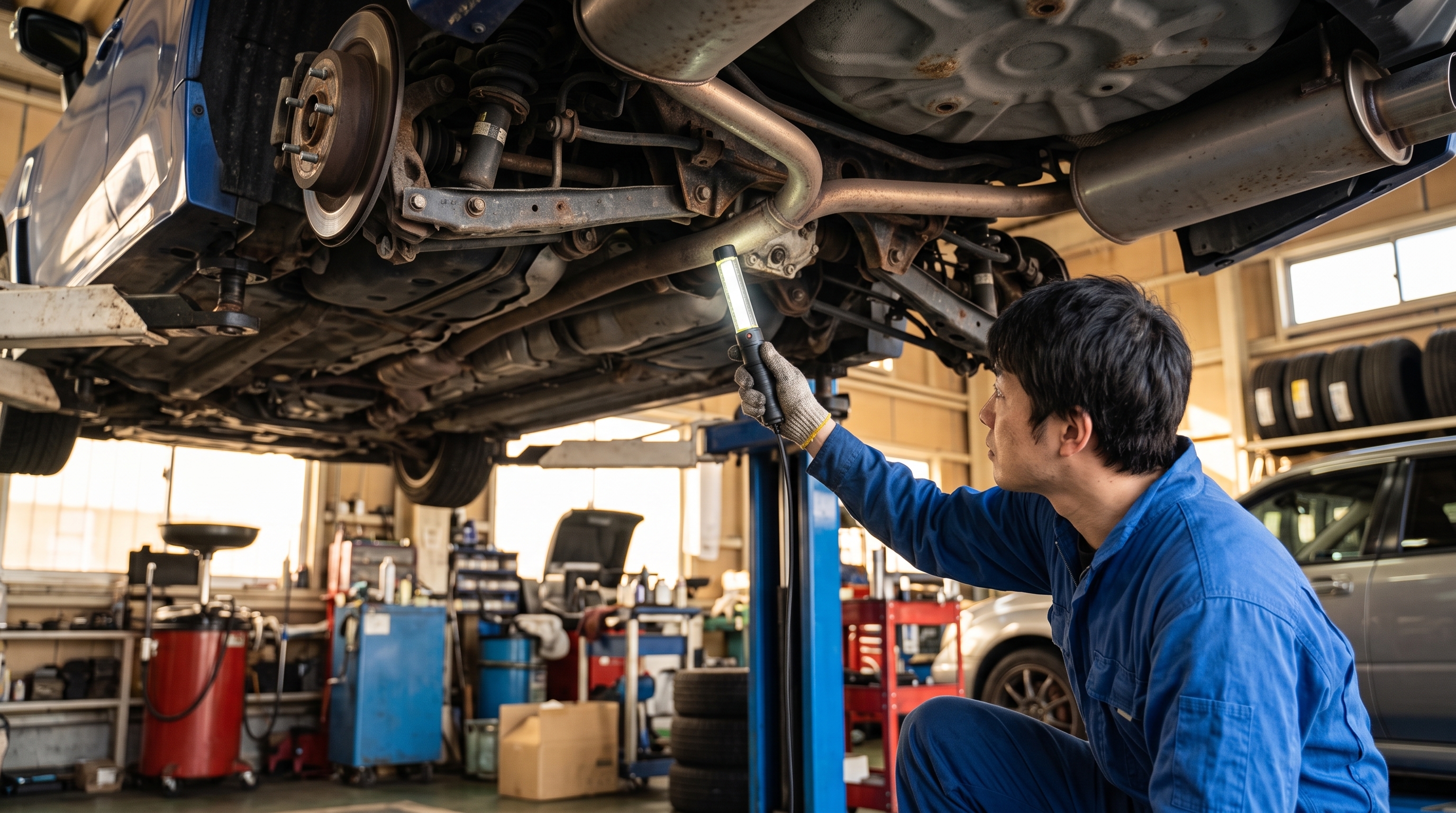 整備工場にてリフトアップされた車体の下回りを、作業服姿の整備士がライトで照らして確認するクローズアップ。サビや足回りの状態を入念にチェックしている様子。