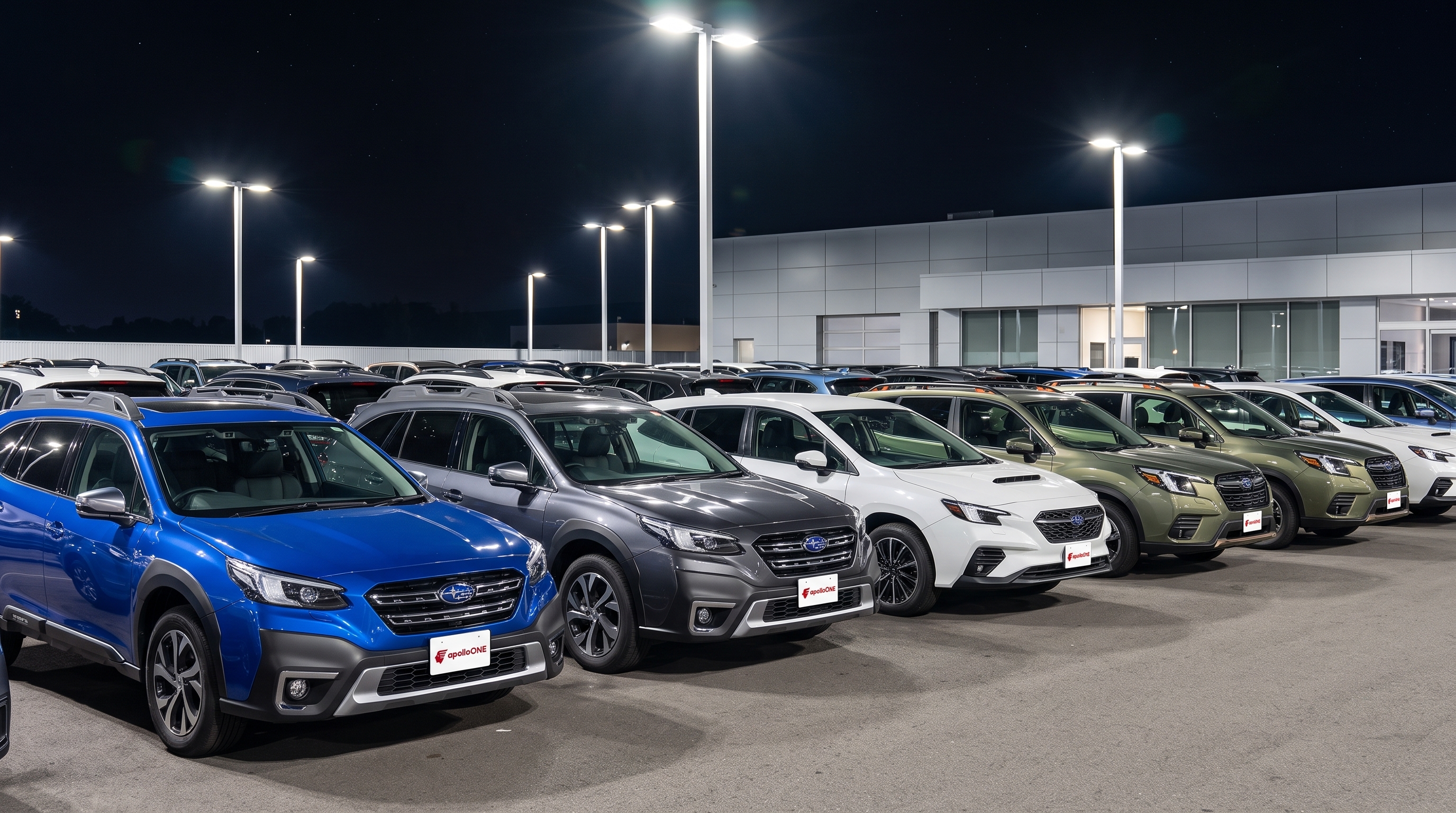 中古車販売店の屋外展示場に整列した四輪駆動車群の様子。明るい夜間照明に照らされ、多彩な車が艶やかに輝く構図で、豊富な在庫のスケール感を表現したシーン。