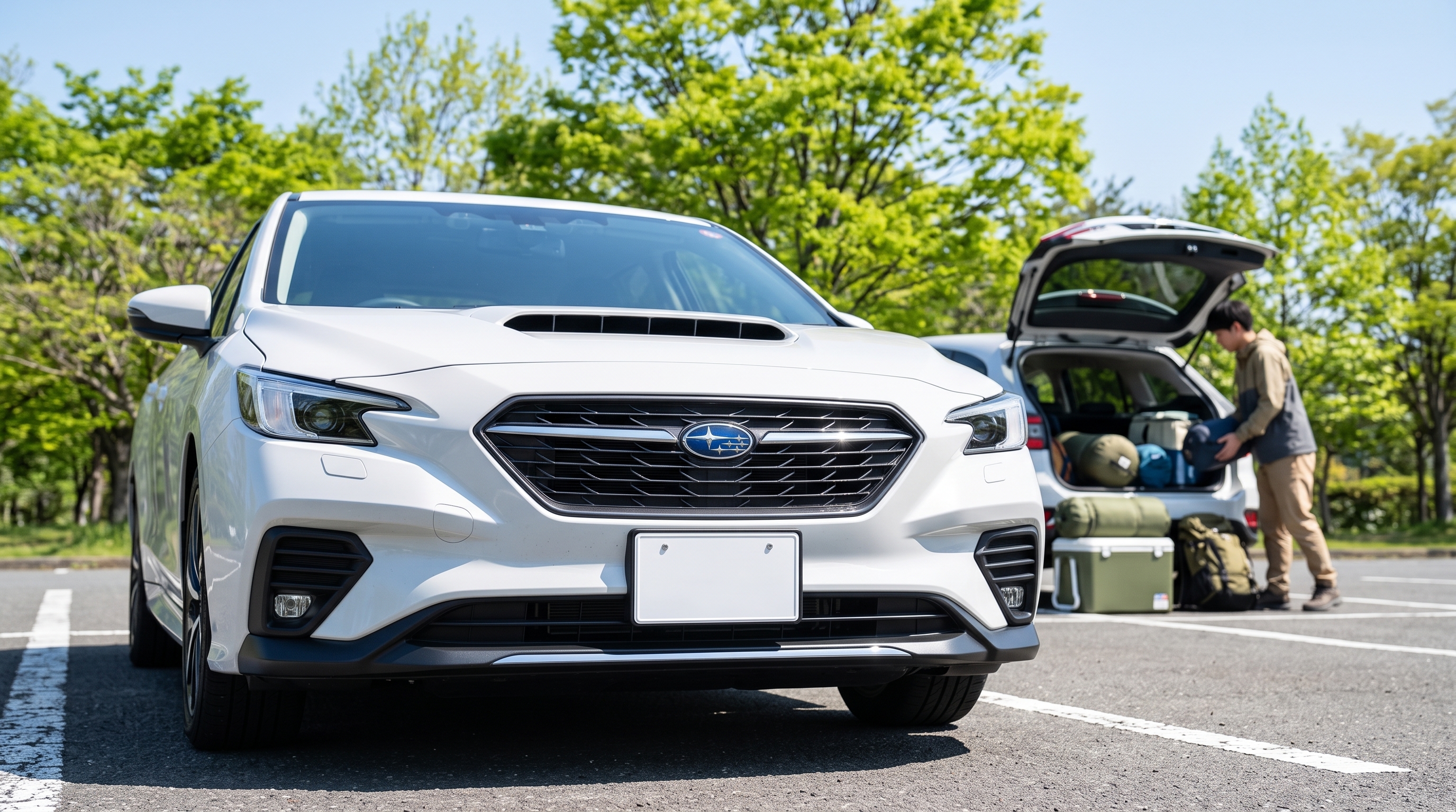 新緑の木々を背景にした駐車場に停まる白いステーションワゴンのフロント部分を見上げた構図。奥では若者が車の荷室にキャンプ道具を積み込んでいる様子。
