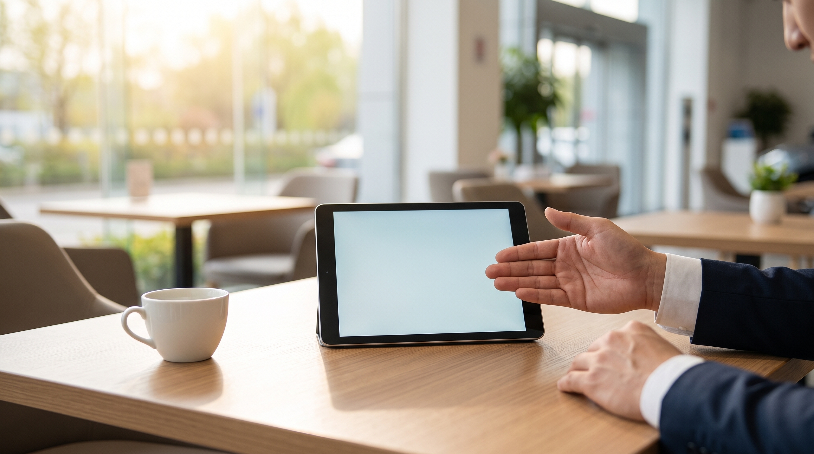 春の陽光が差し込むショールームの商談スペースの様子。木目のテーブル上のタブレット端末とスタッフの手元、白いコーヒーカップがリラックスした雰囲気を伝えるシーン。
