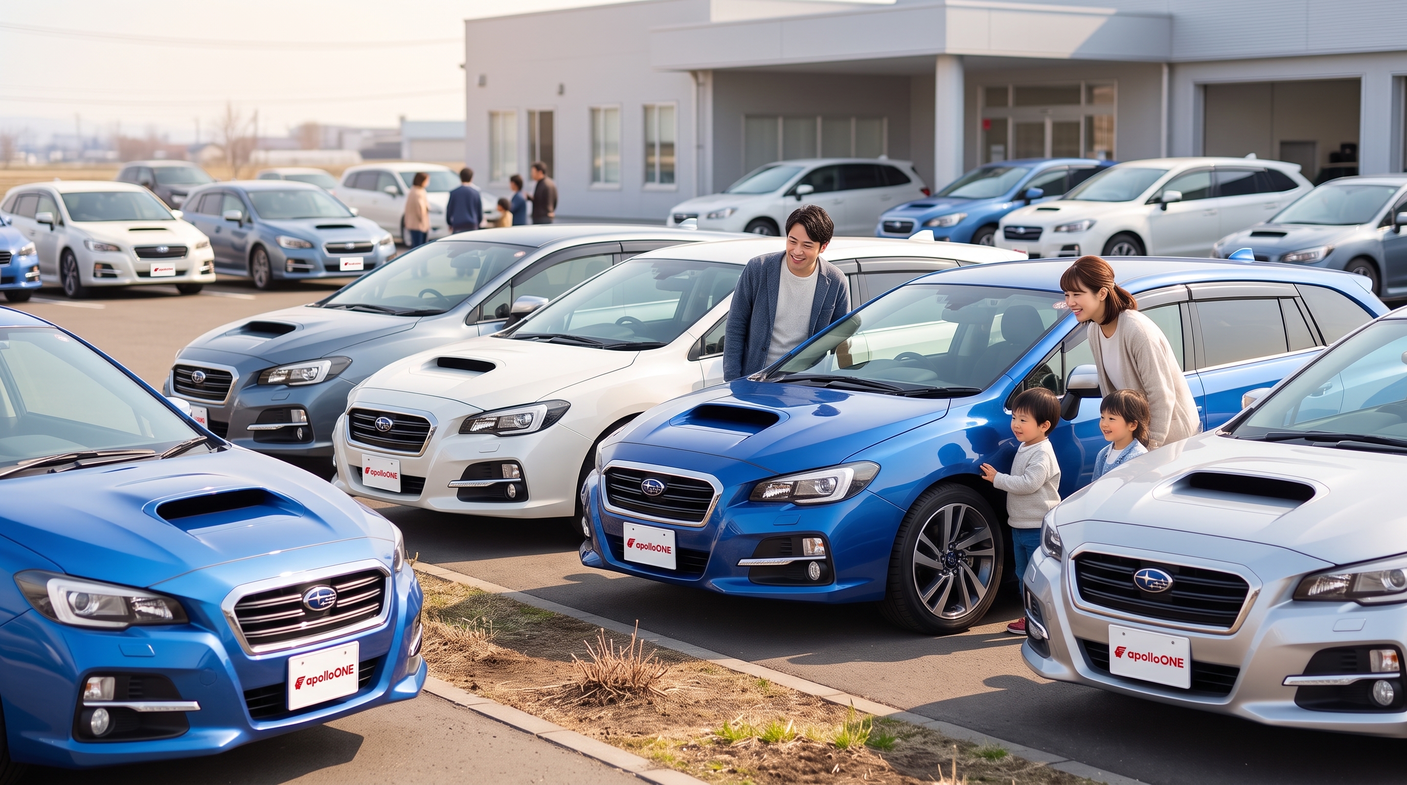春の穏やかな日差しに包まれた屋外展示スペースの様子。整然と並んだ車両を見て回る家族連れの姿を寄りの構図で捉えた、活気ある来店風景を想起させる明るいシーンです。