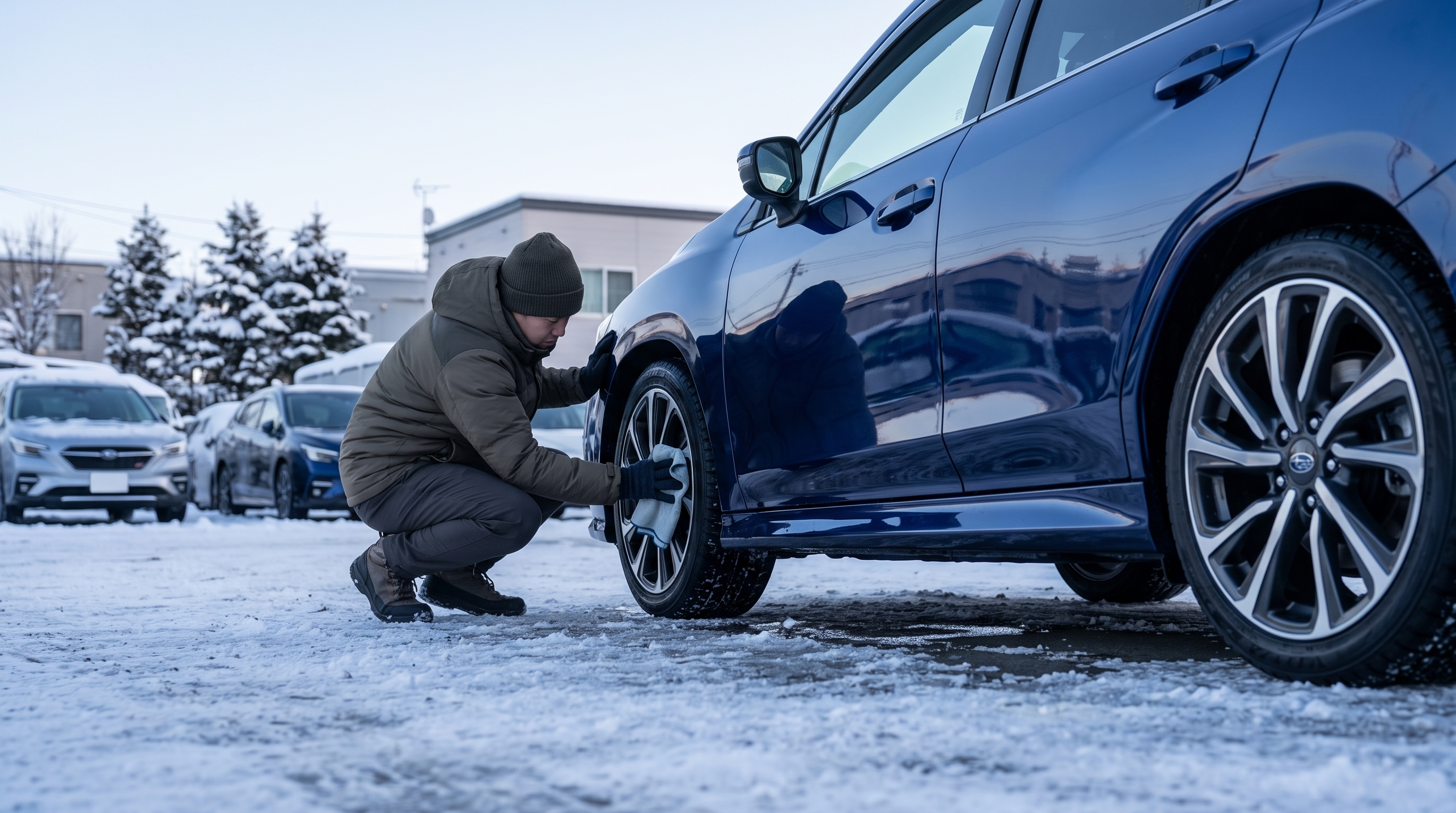 雪が残る冬の朝の屋外で、車のオーナーがタイヤやボディ下部をクロスで丁寧に拭き上げ、査定前の準備をしている様子。朝の冷たく澄んだ空気感が伝わるシーンです。