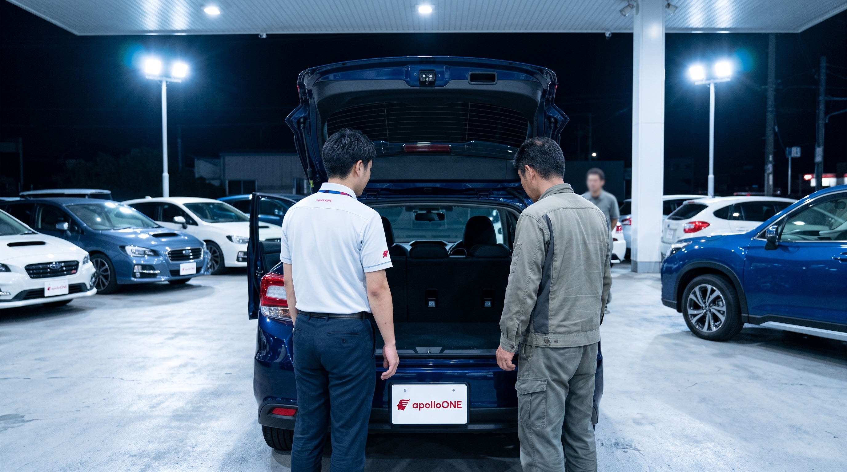 明るい照明に照らされた夜の査定ヤードで、店舗スタッフと顧客が車のリアゲートを大きく開け、トランクルームの状態を一緒に確認している後ろ姿を捉えた引きの構図。