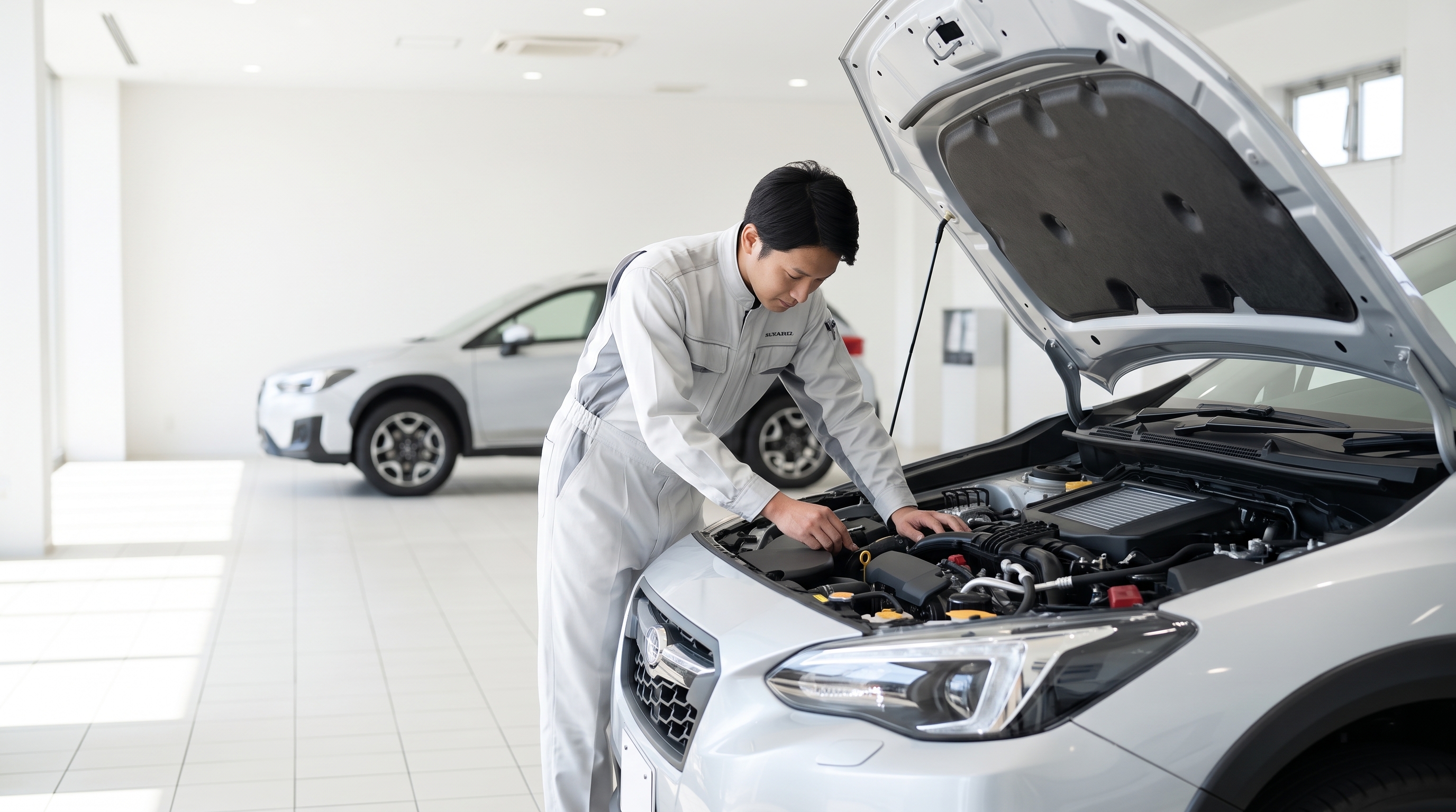 爽やかな朝の光が差し込む明るい中古車店舗の査定スペースで、スタッフが下取りに出されたSUVのボンネットを開け、エンジンルームを丁寧にチェックしている様子。