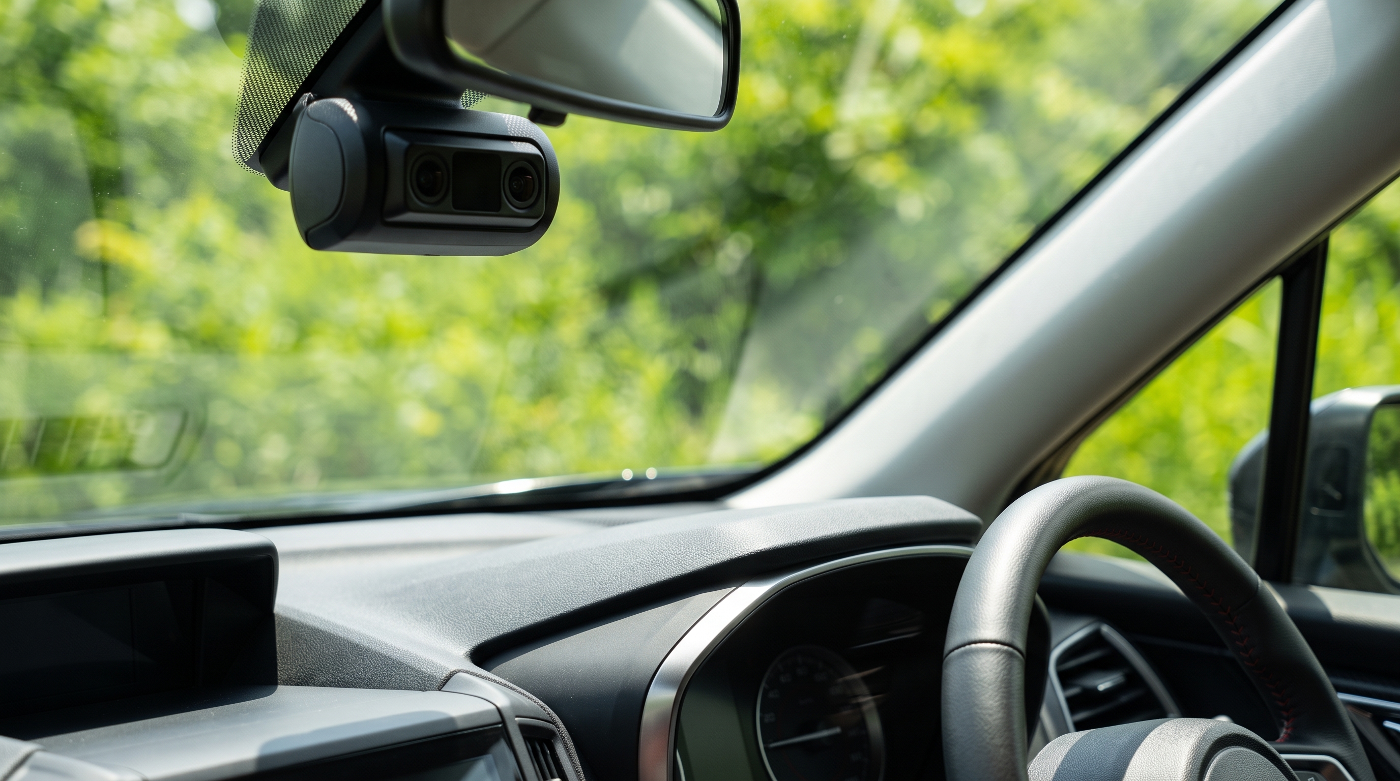夏の明るい日差しが差し込むSUVの車内で、安全装備のカメラや本革ステアリングを捉えたクローズアップ。内装の質感と窓の外に広がる夏の緑が伝わるシーンです。