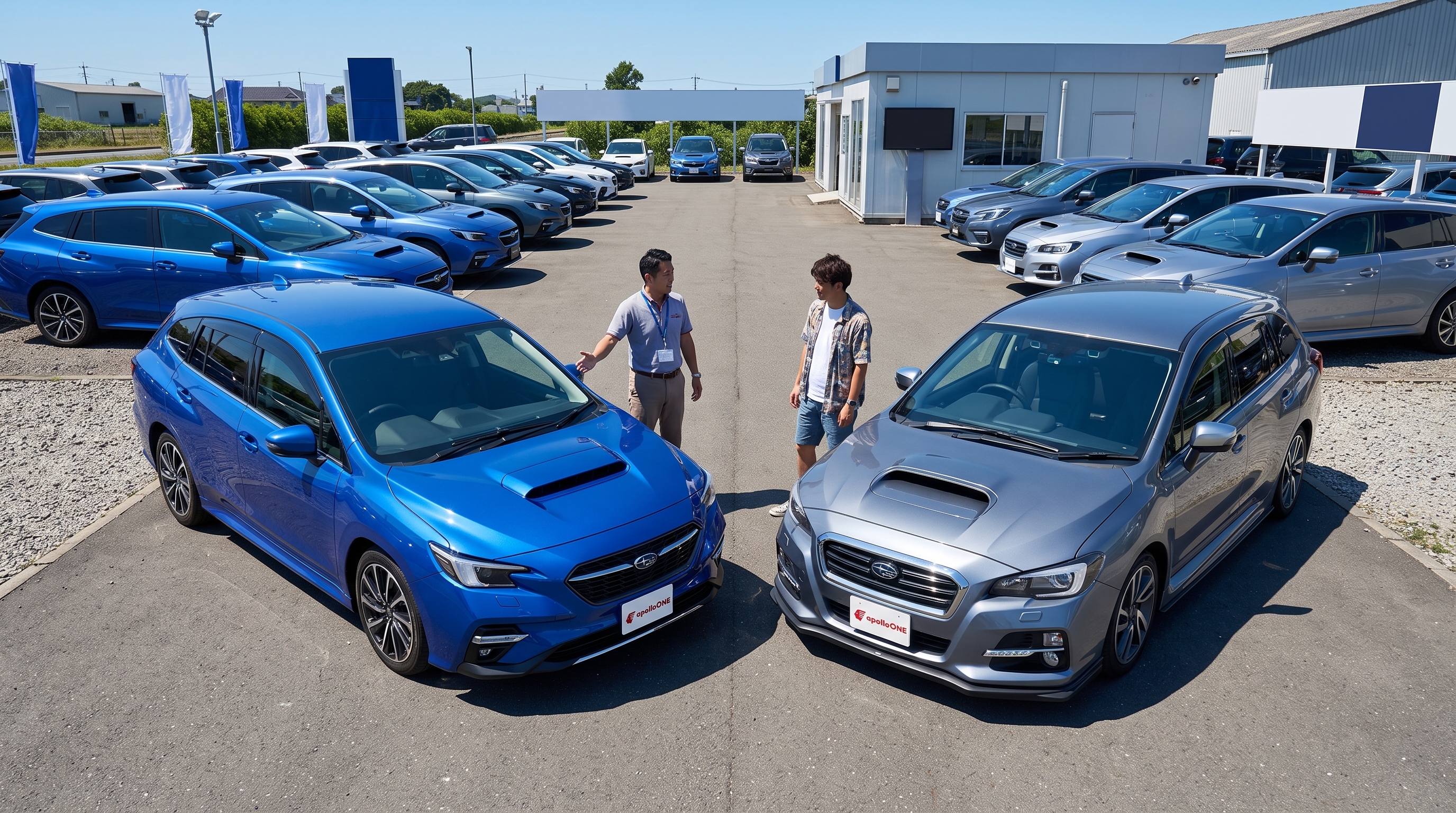 夏の青空の下、中古車展示場をハイアングルから捉えた様子。青とグレーの車が並び、その前で顧客とスタッフがデザインの違いを見比べながら立ち話をしているシーン。
