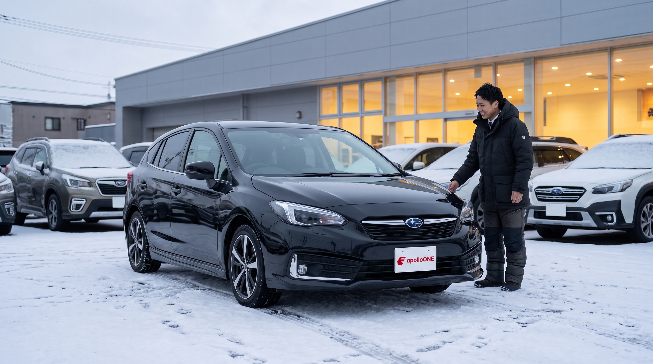雪が積もった冬の店舗駐車場に黒い車が停まっている様子。傍らで防寒着姿のスタッフが笑顔で来店客を迎えている、安心感が伝わる自然なアイレベル構図の情景です。