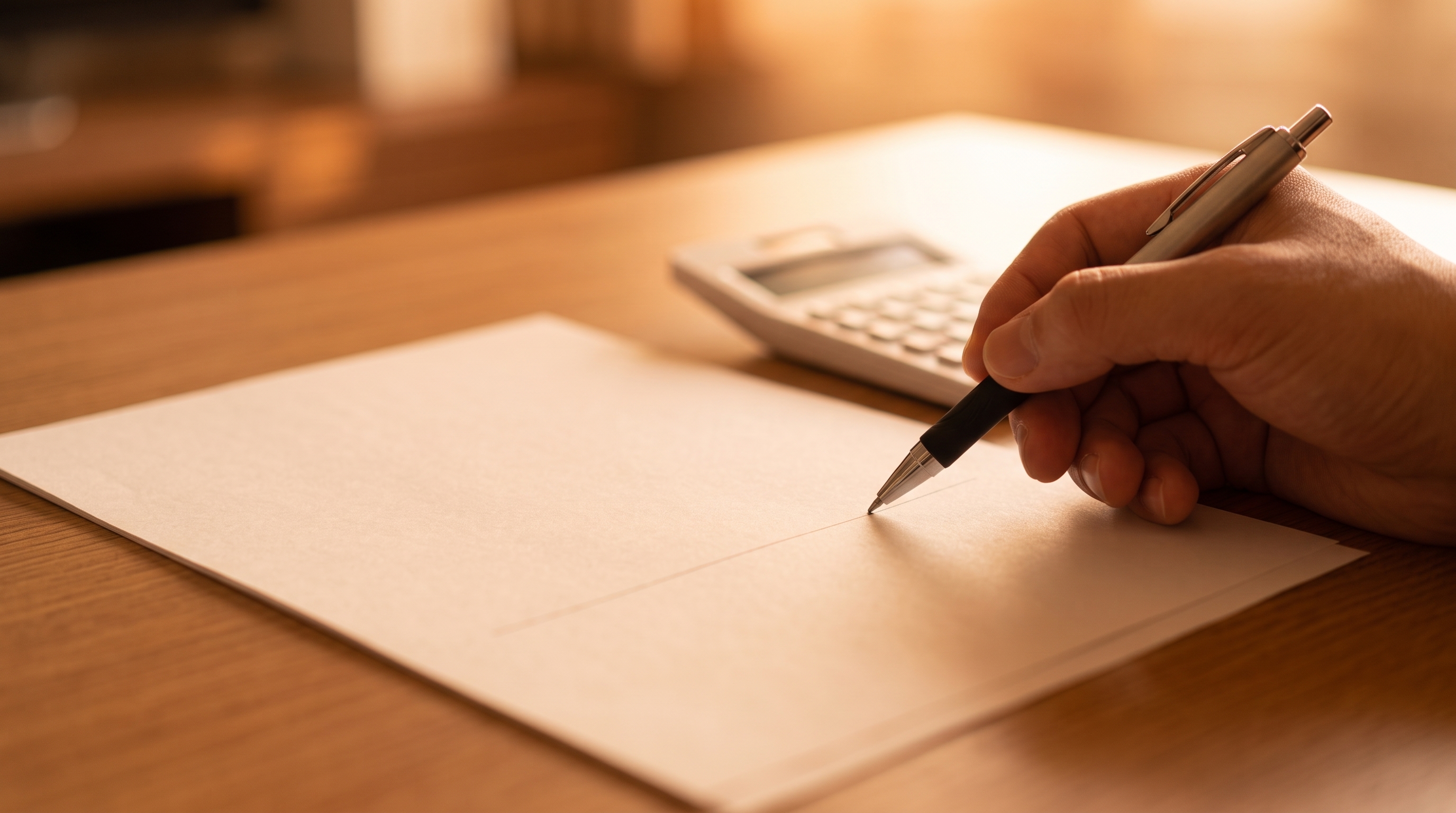 暖かみのある西日が差し込むデスクの上で、見積書に見立てた用紙と電卓が置かれ、ペンを持った手が用紙の特定の行を指差している様子を捉えたクローズアップ。