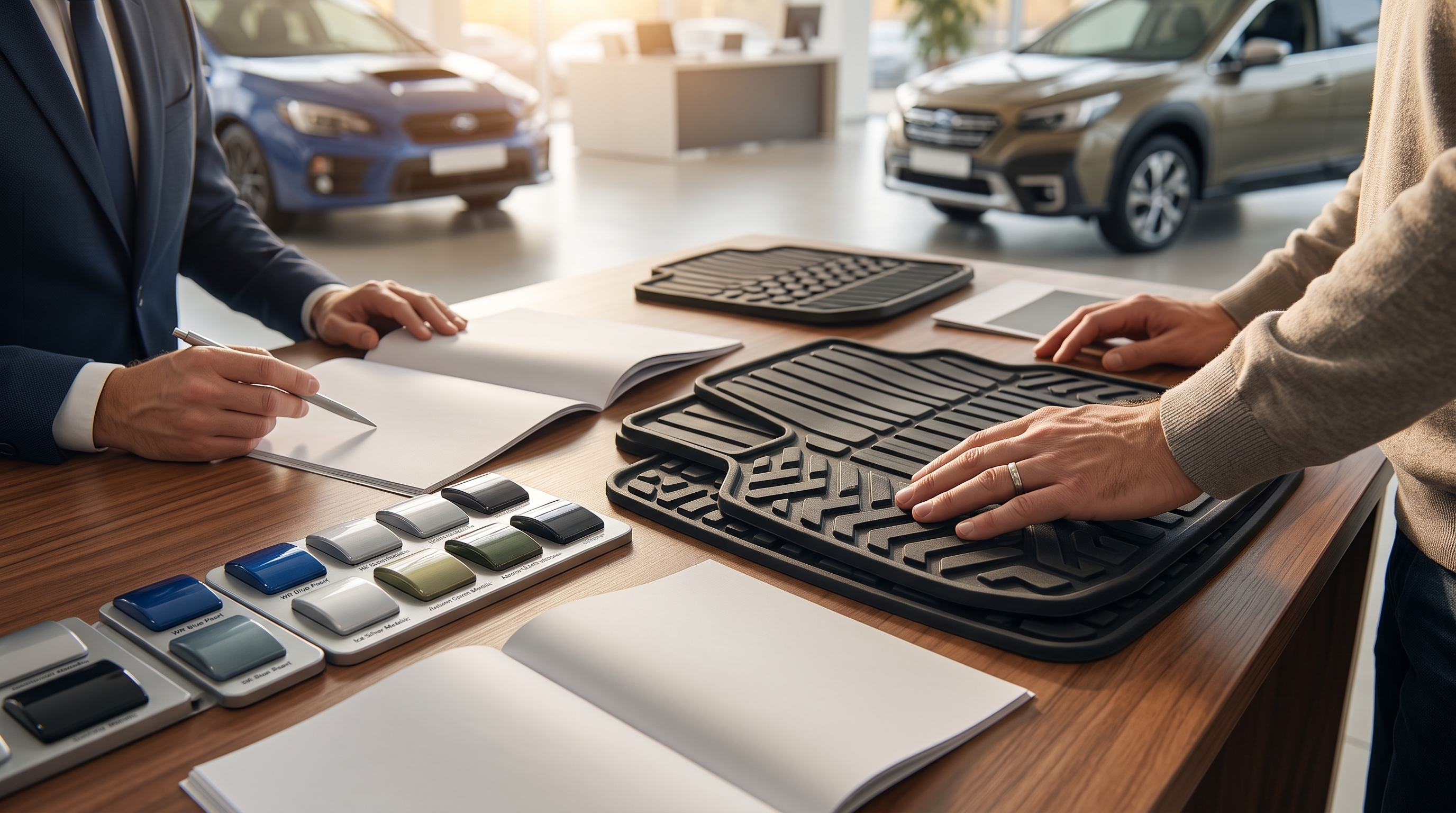 秋のショールームのデスクに、フロアマットのサンプルや車の色見本が並ぶ様子。お客様とスタッフが真剣に冬用オプションを選んでいる手元を捉えたクローズアップです。