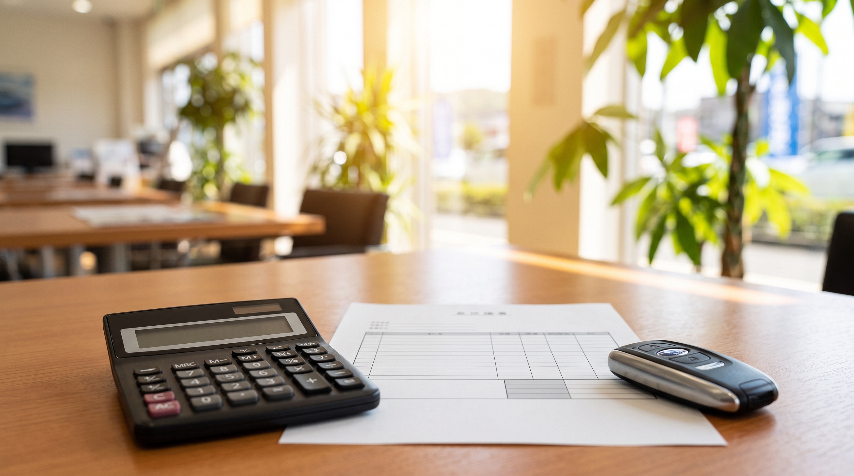 明るい商談スペースの木目調テーブルに置かれた黒い電卓、無地の見積書、車のスマートキーのクローズアップ。背景には観葉植物の緑と夏の日差しが感じられる様子です。