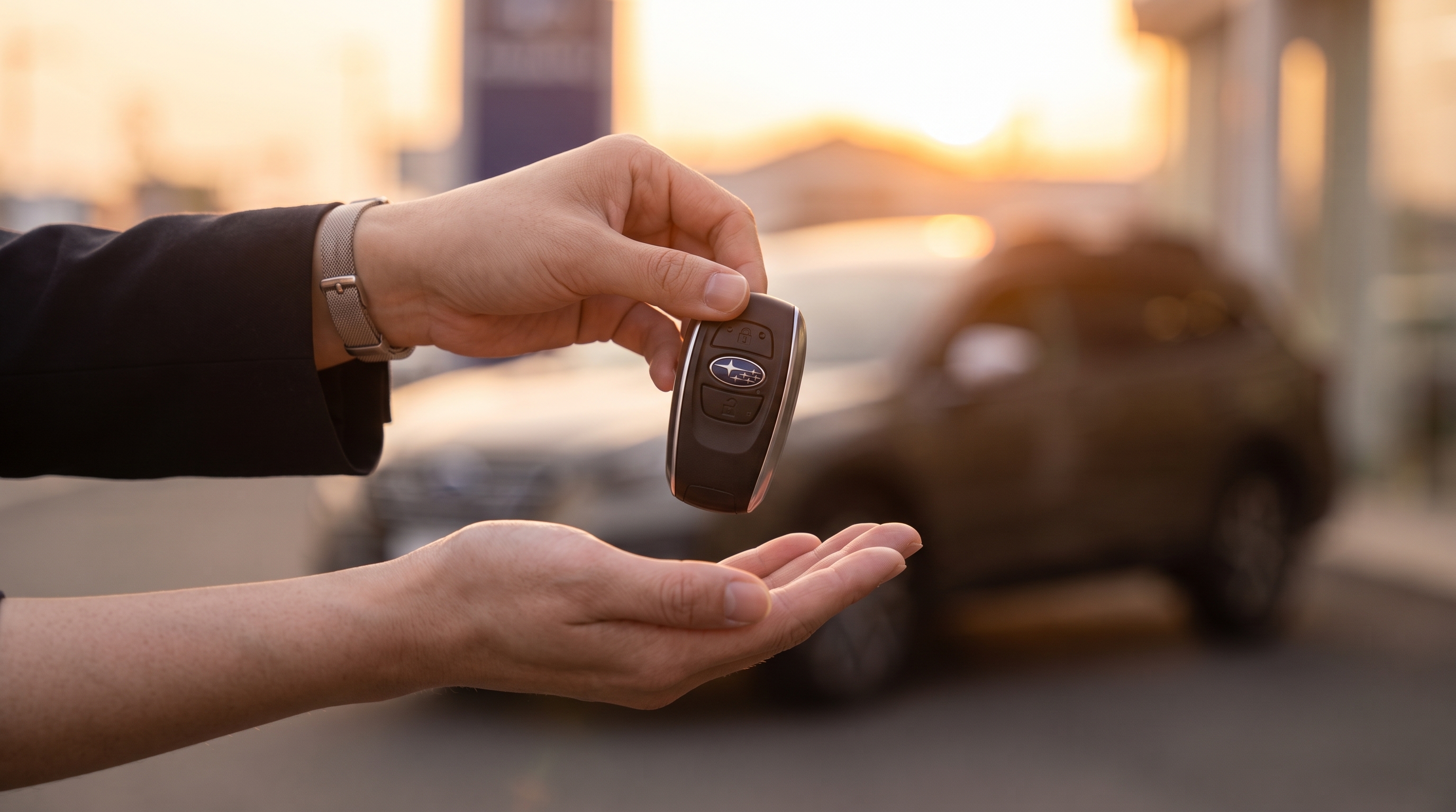 夕日が差し込む店舗の入り口付近で、スタッフと顧客が車のスマートキーを丁寧に受け渡している手元のクローズアップ。背景には車のシルエットが柔らかくボケている。