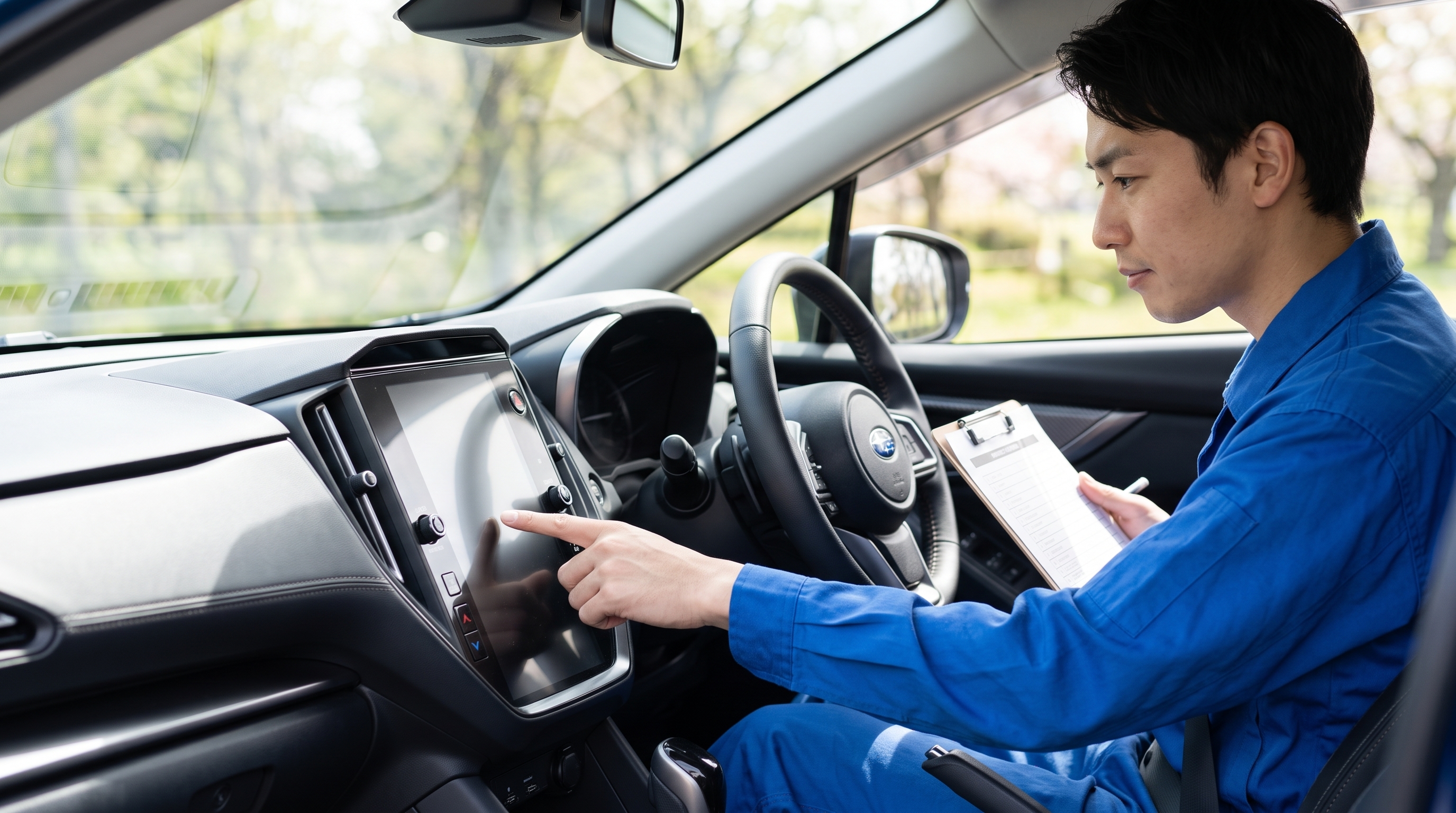 明るい日差しが差し込む車内で、査定員が運転席に座り内装を確認している手元のクローズアップ。大型ディスプレイやダッシュボードを指差し確認しているシーンです。