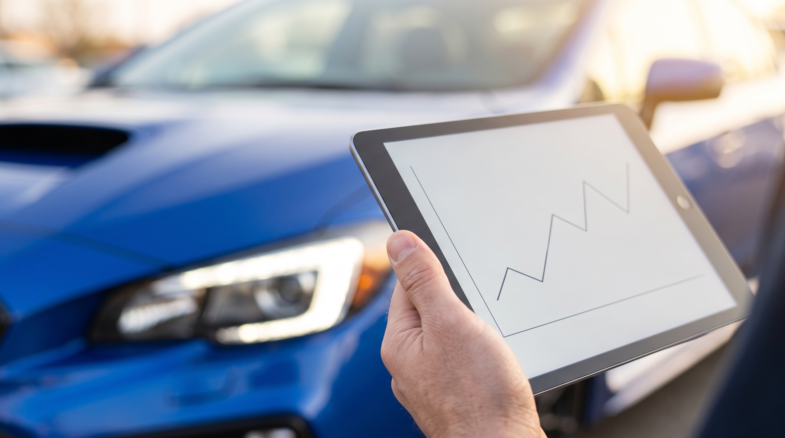 車のヘッドライトを背景にぼかし、手前で査定士が持つタブレット端末を捉えたクローズアップ。画面には相場の変動を示す折れ線グラフが表示されている様子です。