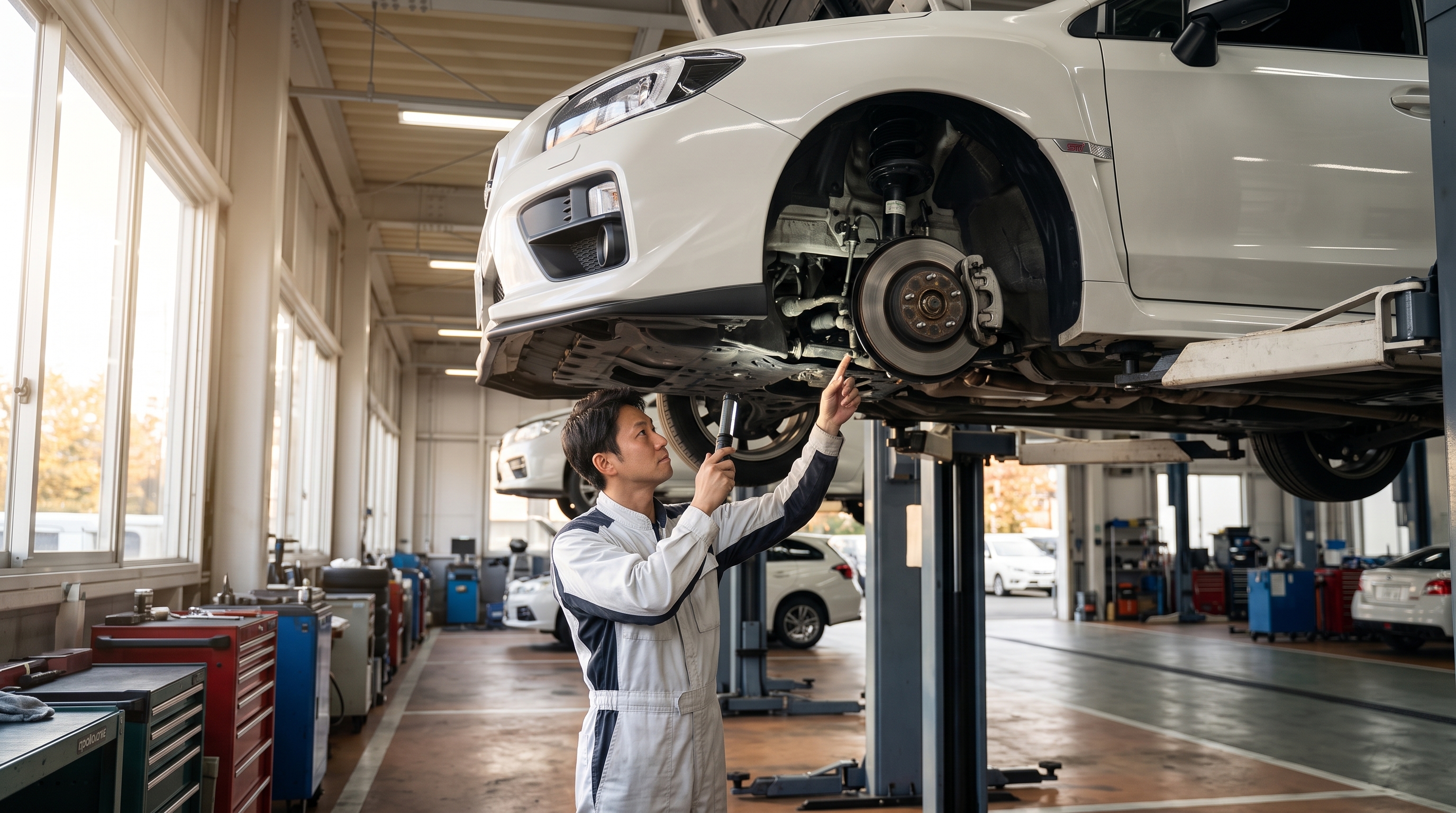 秋の昼下がり、整備工場でリフトアップされた白い車を下から見上げた構図。窓から差し込む日差しの中、整備士が車検に向けて下回りの状態を丁寧に点検している様子。