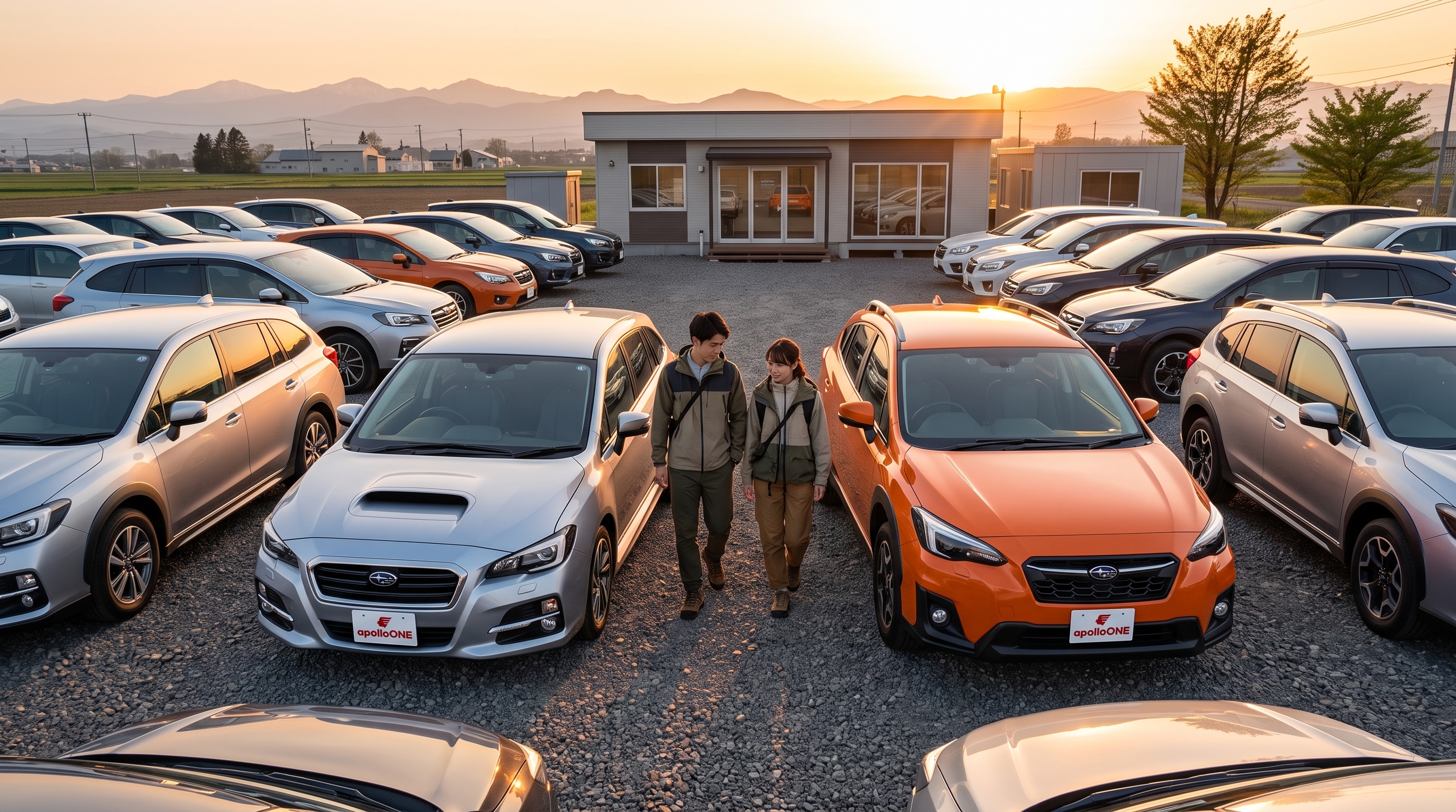 夕暮れ時の屋外展示スペースにシルバーのワゴン車とオレンジのSUVが並ぶ様子。若い夫婦が2台の間を歩き、ボディ形状やサイズ感を真剣に見比べている俯瞰のシーン。