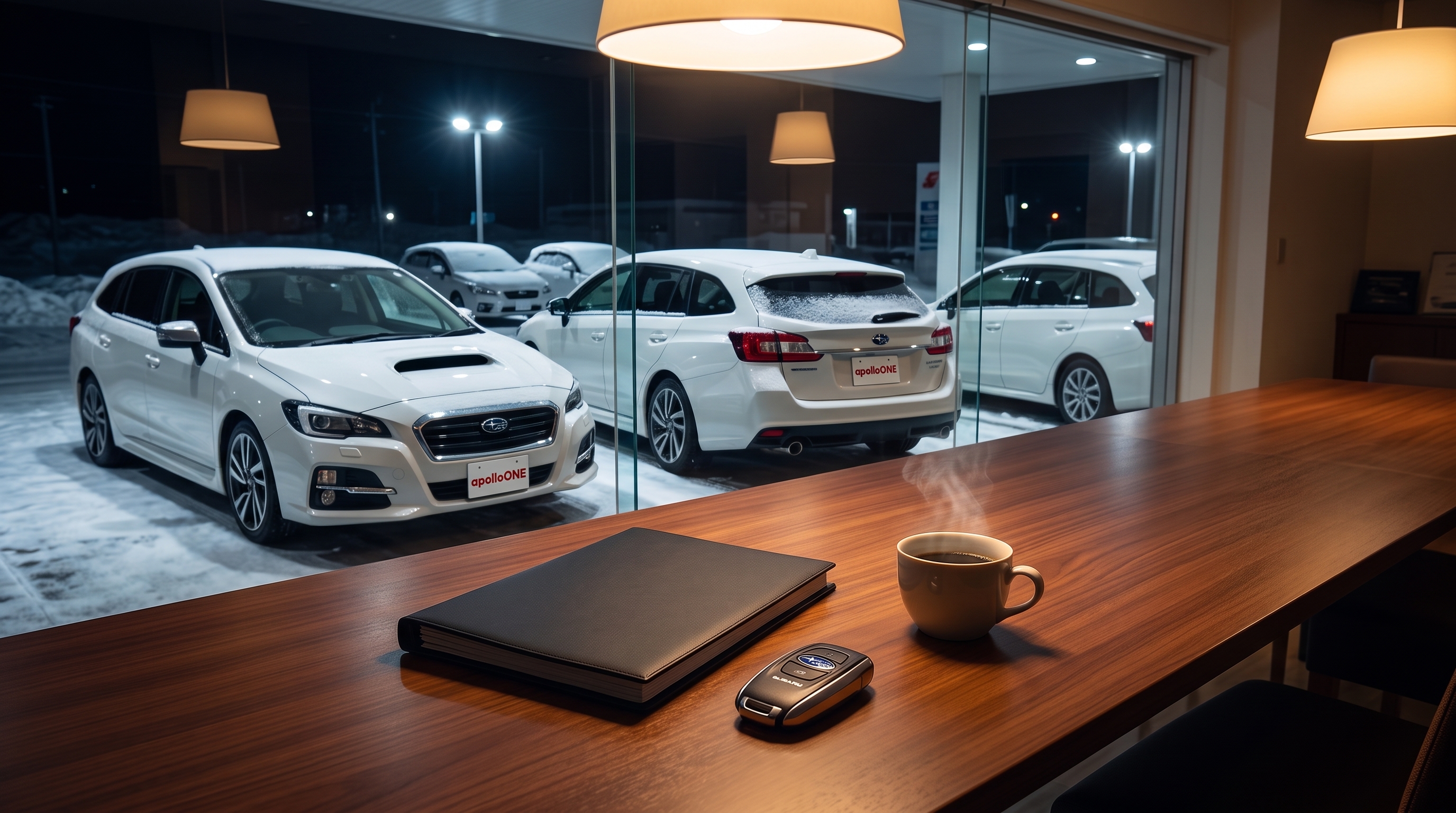 暖かい照明が灯るショールームの商談テーブル。机にはコーヒーや車の鍵が置かれ、窓越しには雪を被ってライトアップされた白い車が見える、落ち着いた車探しの情景。