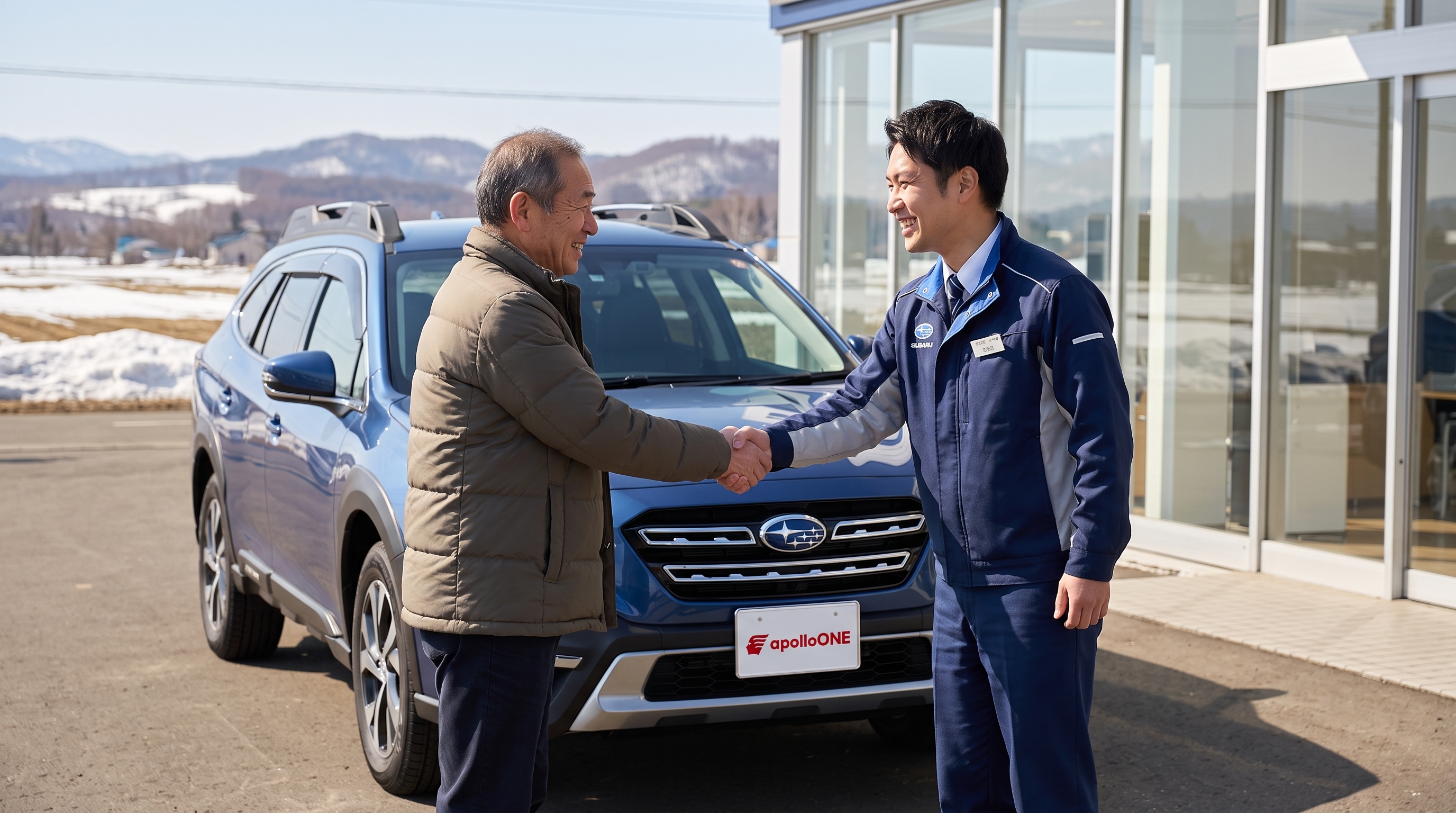 春の暖かな日差しが降り注ぐ納車スペースで、深い青色の車を背景に、安心した表情の客と制服姿のスタッフが笑顔で握手を交わし、信頼関係を築き上げている様子。
