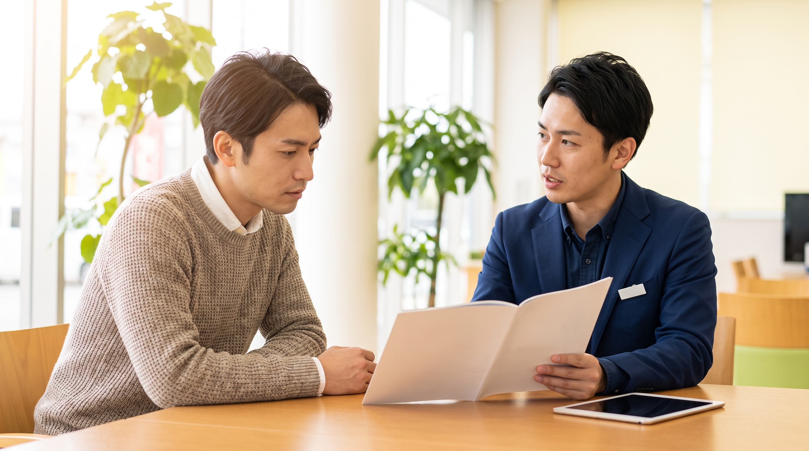 明るい自然光が差し込む春の商談スペースで、テーブル越しに身を乗り出して真剣な表情で話すお客様と、パンフレットを広げて丁寧に説明をしている販売員の様子。