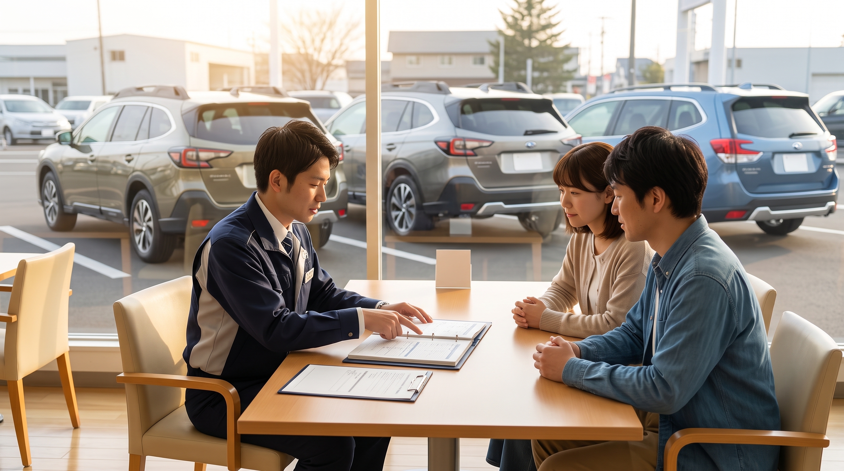 春の朝日が差し込むショールームの商談スペースで、スタッフが書類を指差しながら、向かい合う顧客にメンテナンス履歴や定期点検の重要性を丁寧に説明している様子。