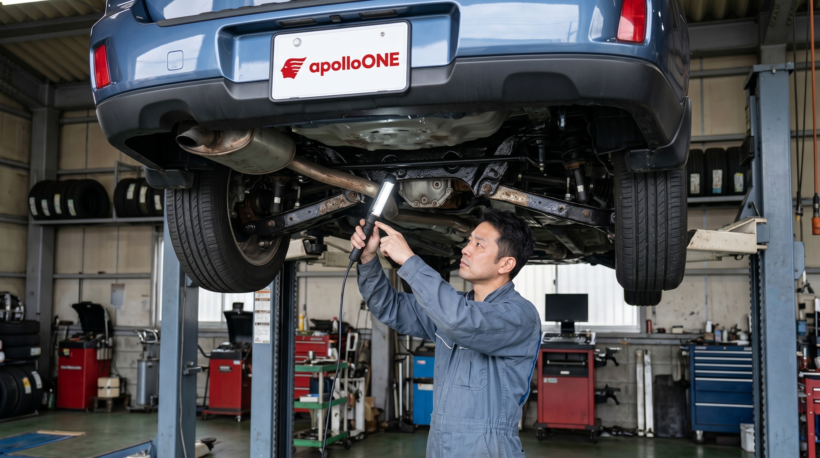 整備工場でリフトアップされたSUVの下回りを点検するプロの整備士の様子。サビの状態や防錆コーティングの仕上がりを真剣な表情で細かくチェックしているシーンです。