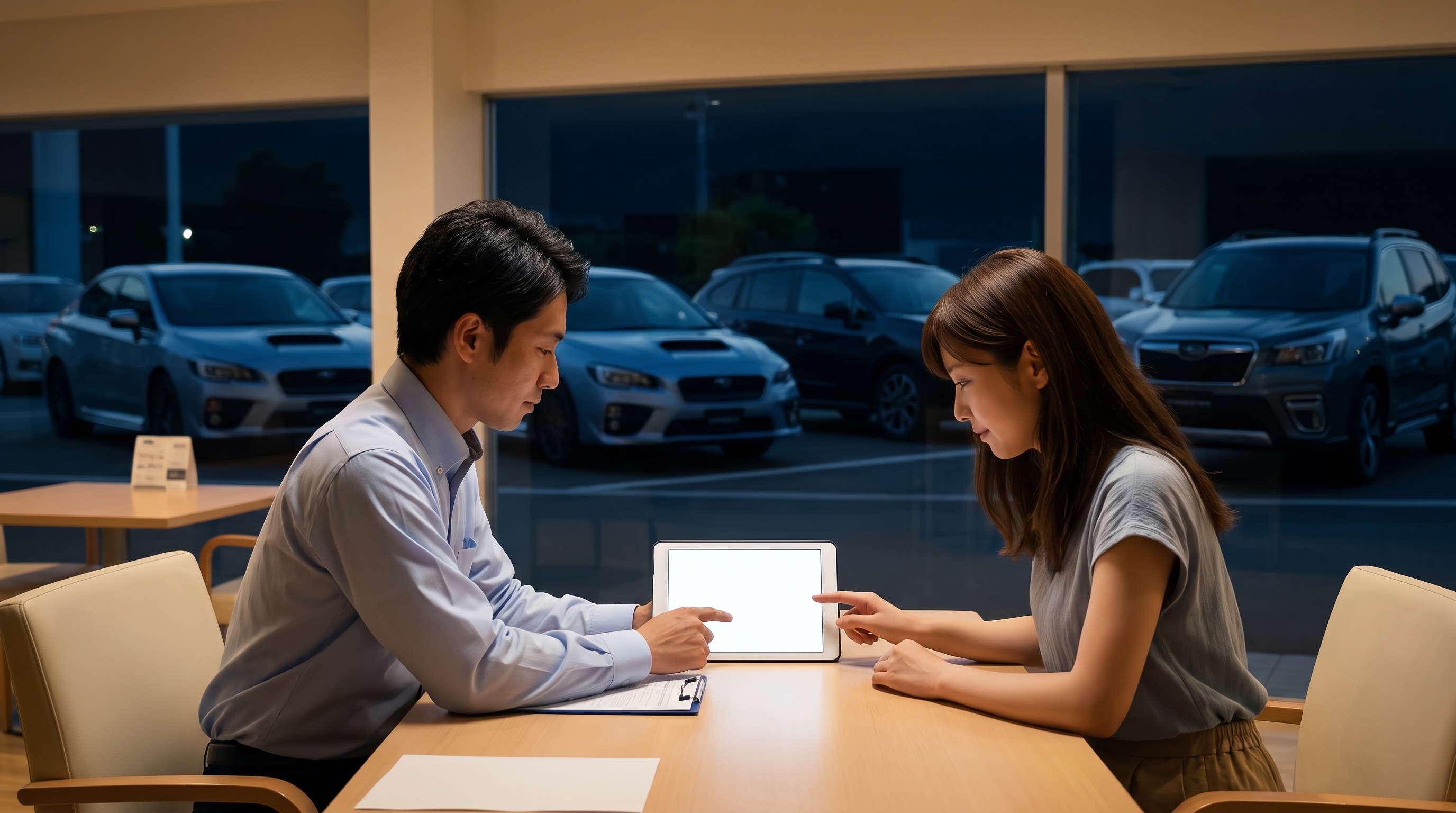 落ち着いた照明のショールームで商談をしている様子。店舗スタッフと客がテーブルで向かい合い、タブレットを指差しながら希望条件に合う在庫車両を探しているシーン。