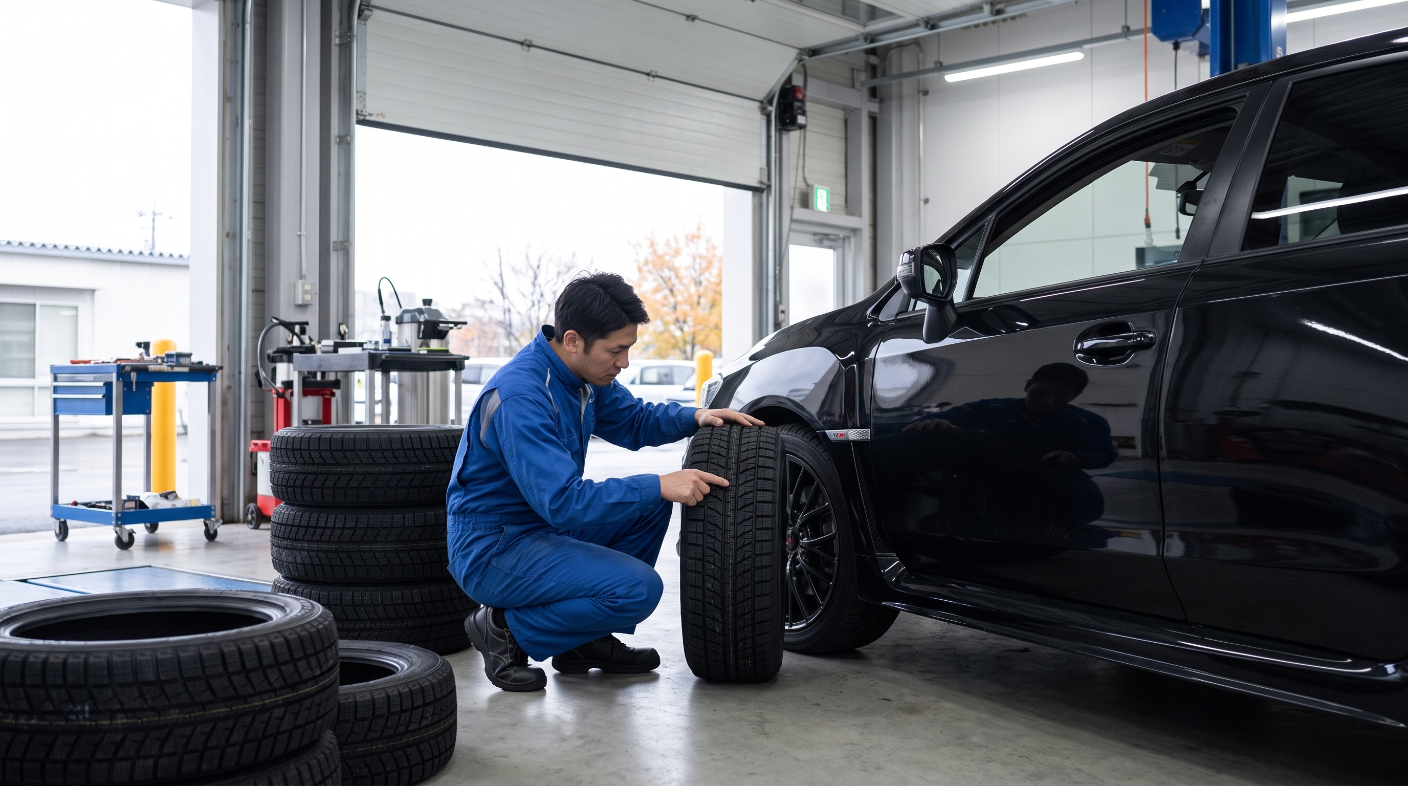 整備ピットで整備士が黒い車の横にしゃがみこみ、分厚いスタッドレスタイヤの深い溝を指差し確認している様子。冬の雪道走行に向けた確実な準備を感じさせるシーン。