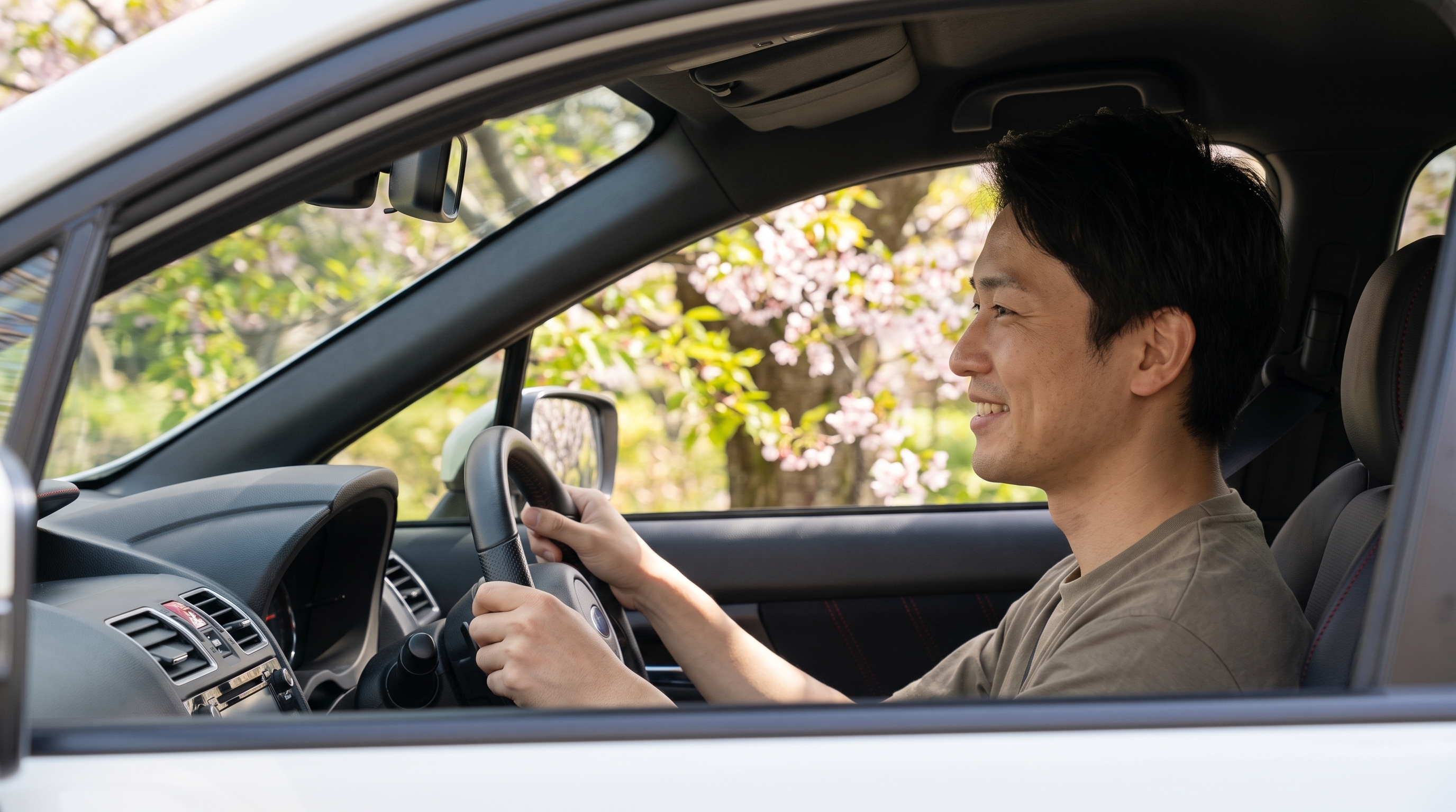 桜の木の下に停めた車の運転席で、ステアリングを握る男性の横顔のクローズアップ。開いた窓越しに満足そうに微笑む姿と、上質なインテリアの質感が伝わる明るいシーン。