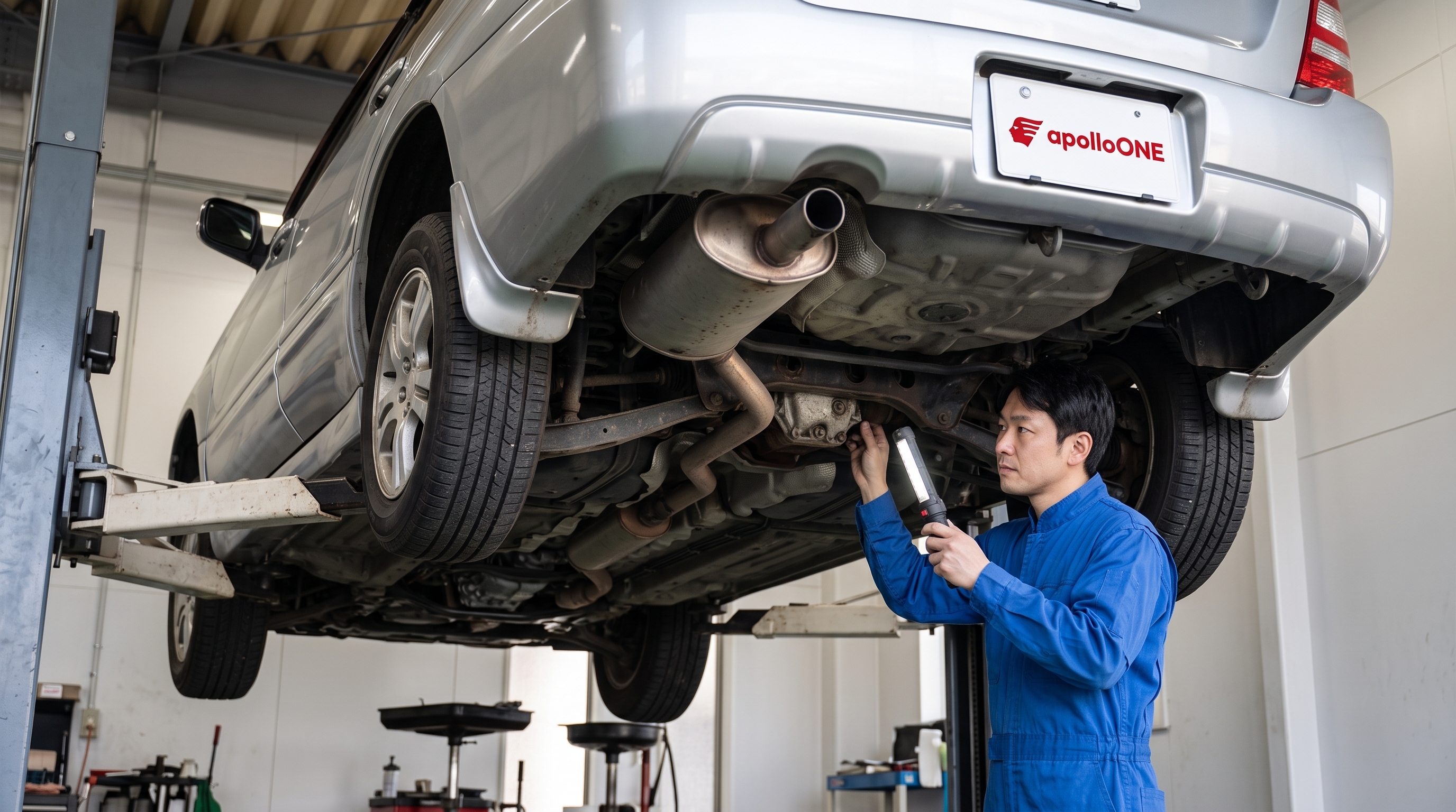 柔らかな日差しが入る整備ピットで、リフトアップされたシルバーのSUVの車体下部を、整備士がLEDライトで照らしながら真剣な表情で念入りに点検している様子。