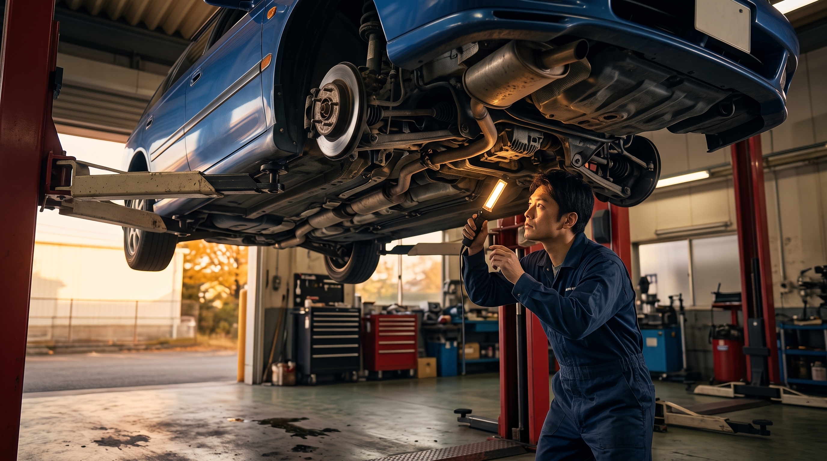 自動車整備工場で、リフトアップされた青いステーションワゴンの下回りを点検している様子。作業服の整備士がライトで照らしながら真剣に確認するローアングルのシーン。