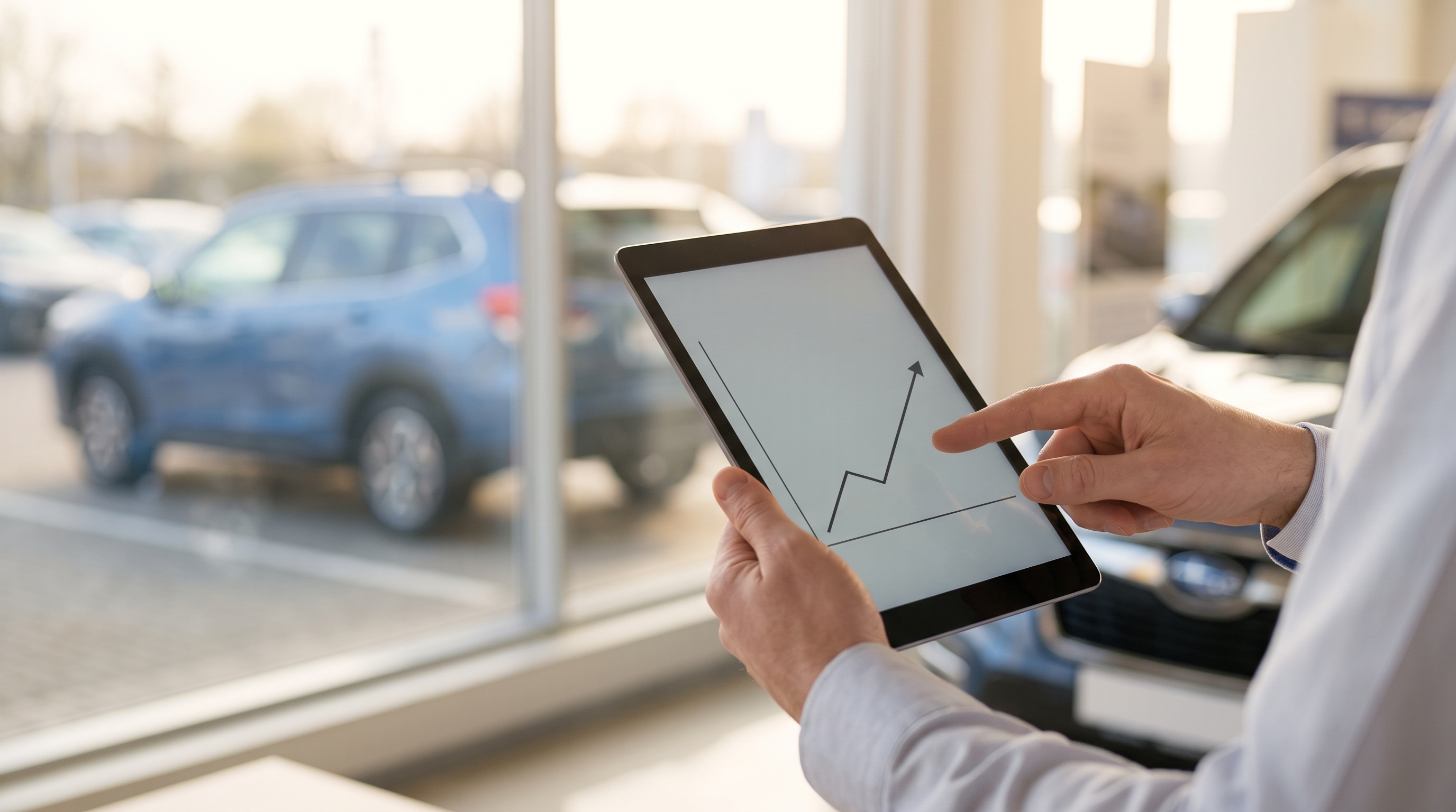 明るいショールームの窓際で、車の査定士の手元を写したクローズアップ画像。タブレットに表示された折れ線グラフを指差し、車の買取相場の傾向を説明している様子。