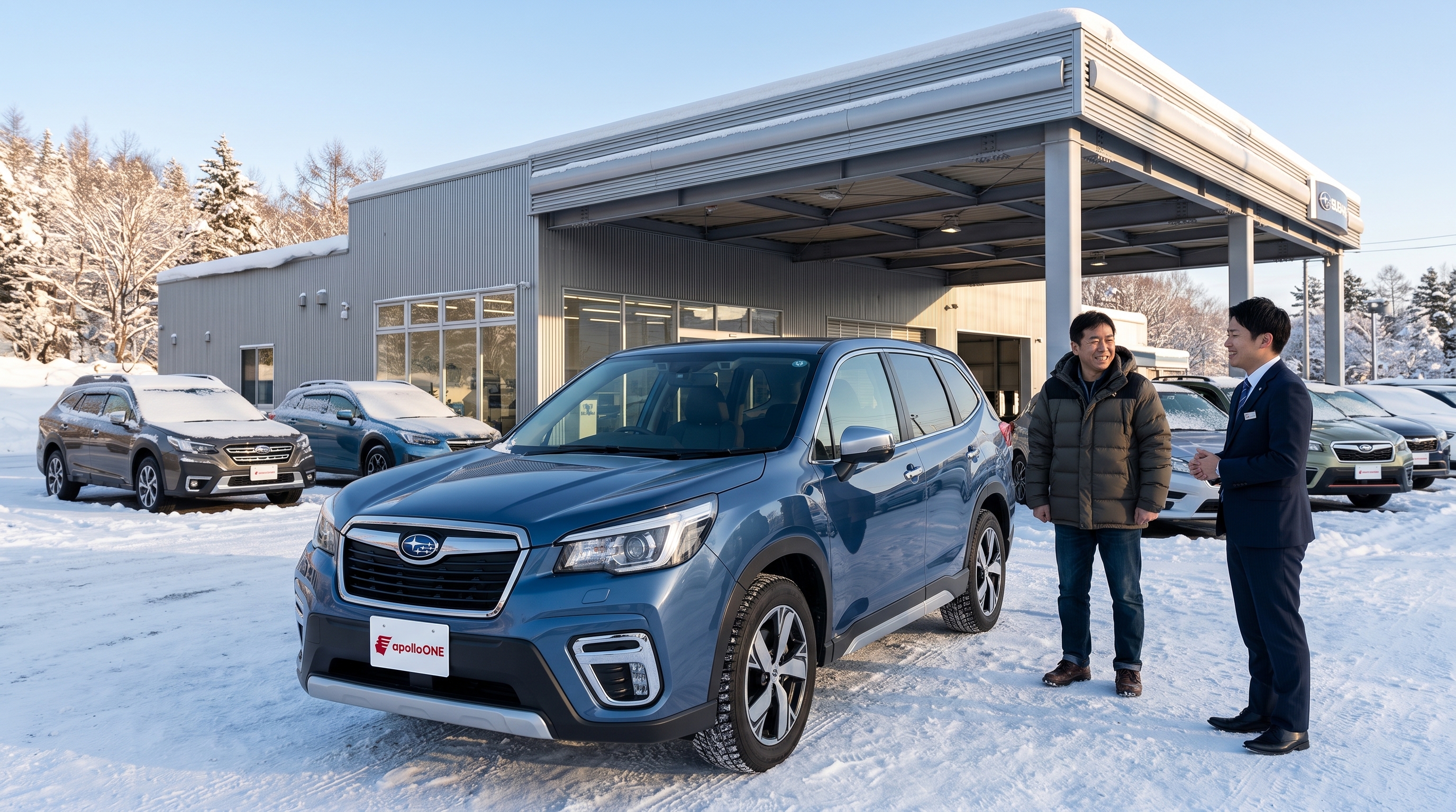 冬の午前、雪がうっすらと積もる中古車店舗の外観を背景に、真新しいSUVのそばでダウンジャケット姿のお客様とスーツを着たスタッフが笑顔で会話をしている様子。