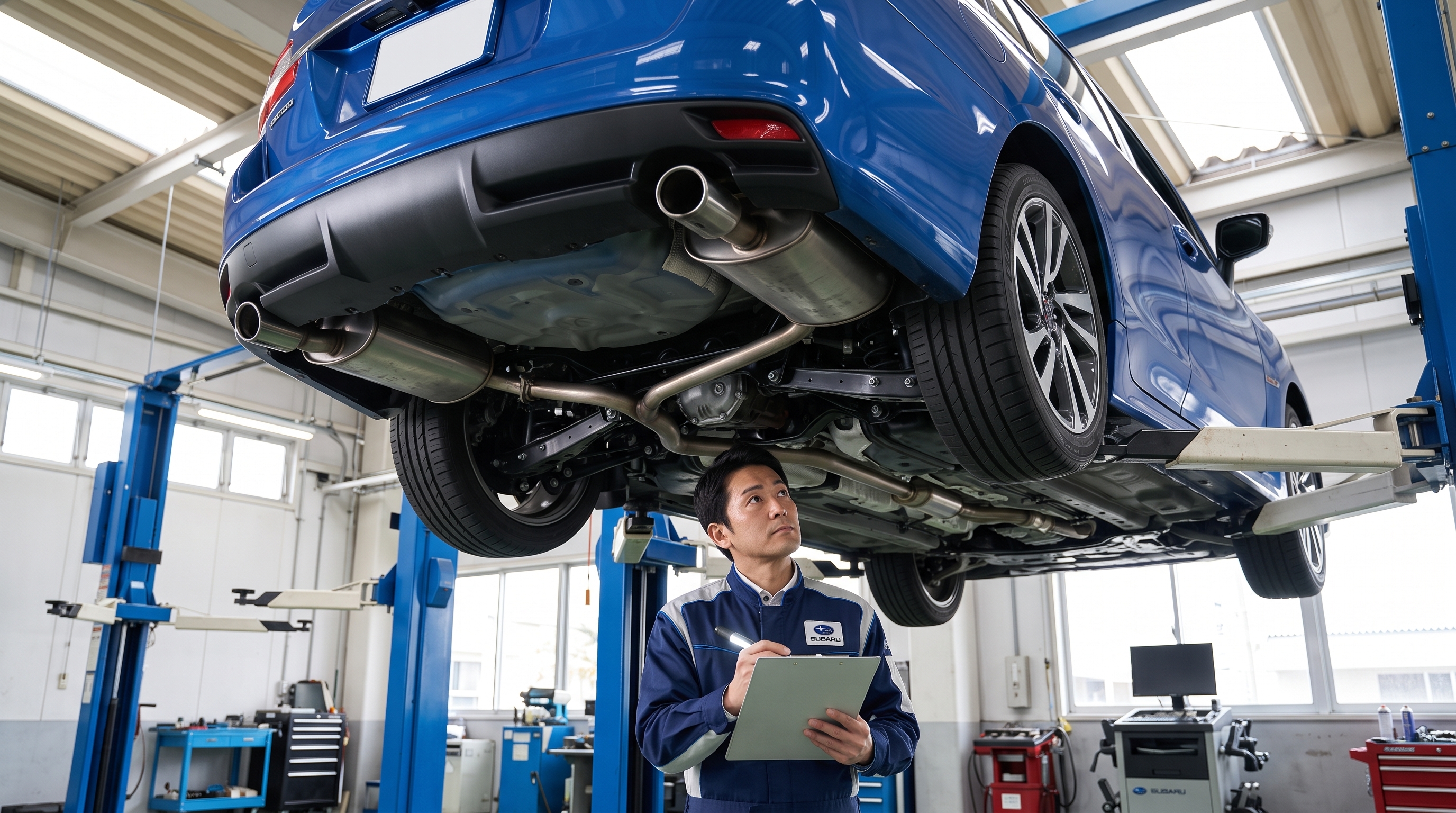 柔らかな自然光が差し込む春の整備工場内で、リフトアップされた青い自動車を下から見上げ、足回りやシャーシの状態を正確に見極める査定士のローアングルショット。