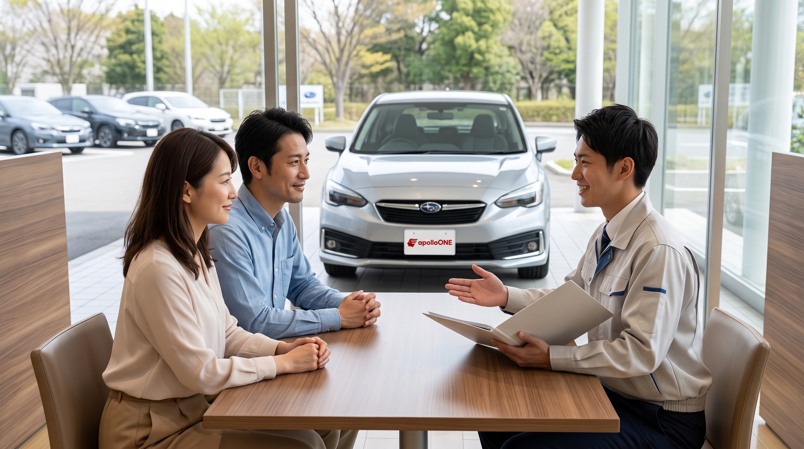 ショールームの商談テーブルで、笑顔で対話する顧客夫婦と店舗スタッフの様子。スタッフが丁寧に説明をしており、背景の大きな窓の外には銀色の車が停まっているシーン。