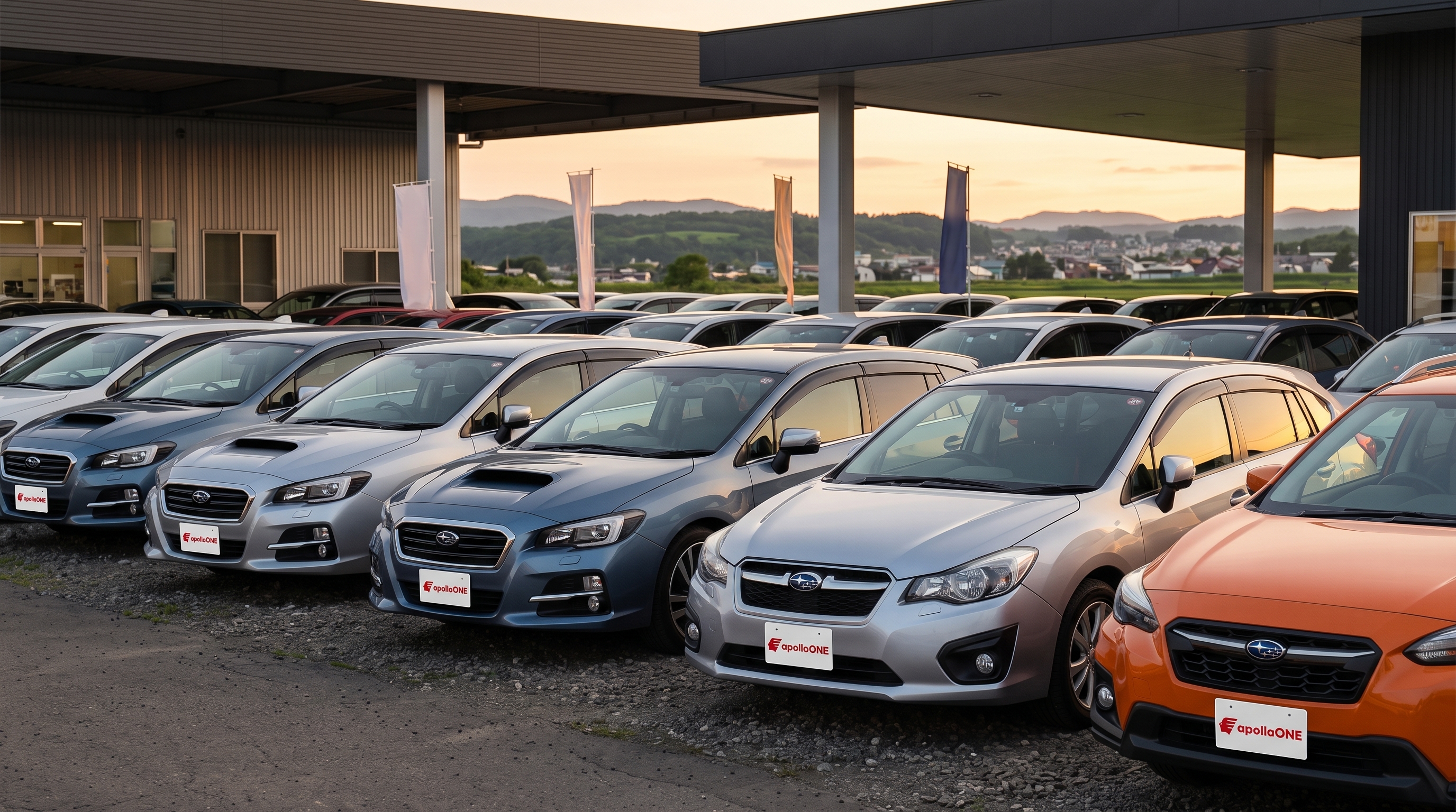 夏の夕暮れ時、屋外の中古車展示場にハッチバックやクロスオーバー車が整然と並ぶ様子。奥に店舗が見え、豊富な在庫ラインナップが揃っていることを表現したシーン。