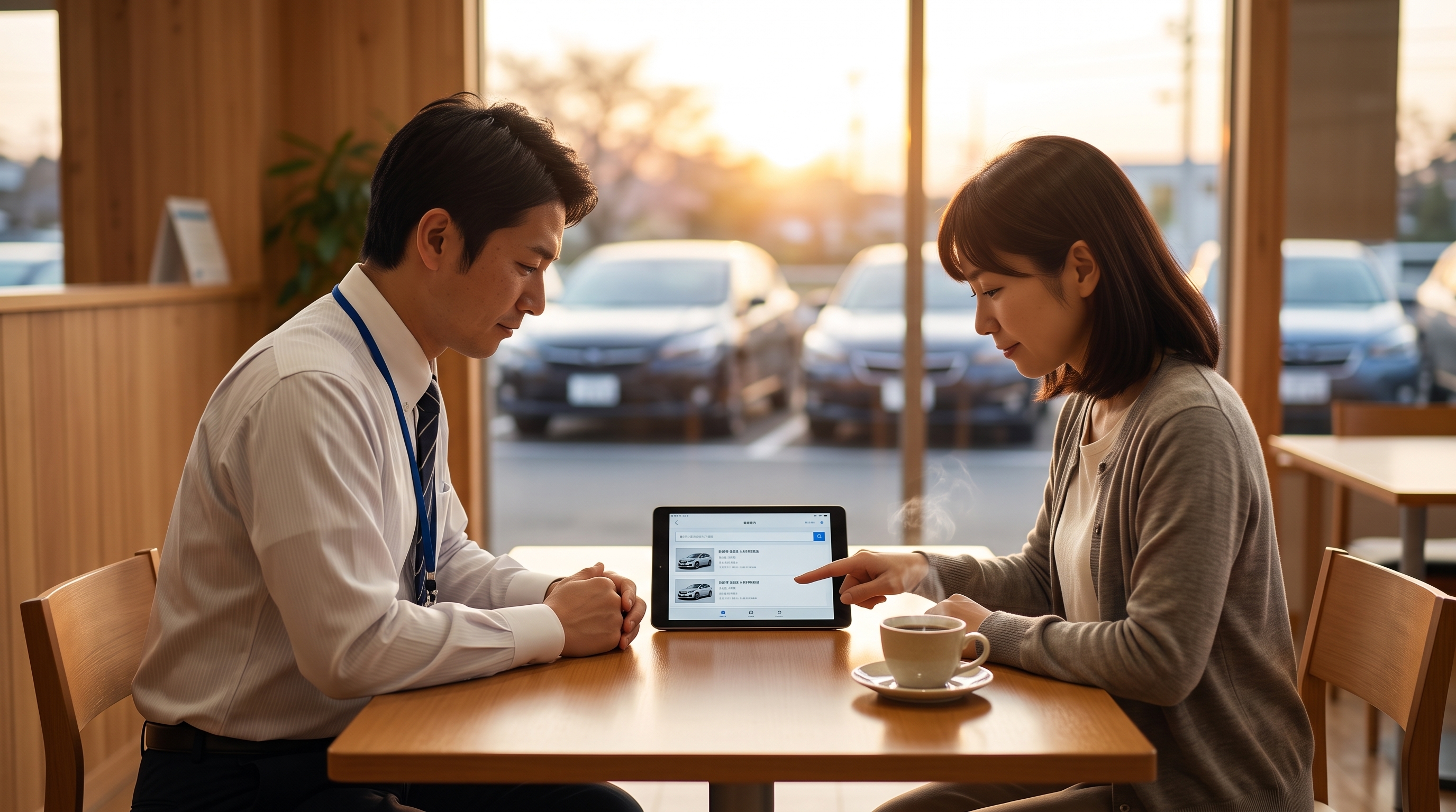 ショールームでスタッフと顧客がタブレットで中古車を探しているシーン。手元のタブレットとコーヒーカップに焦点を当て、奥の人物を自然にぼかして捉えた構図です。