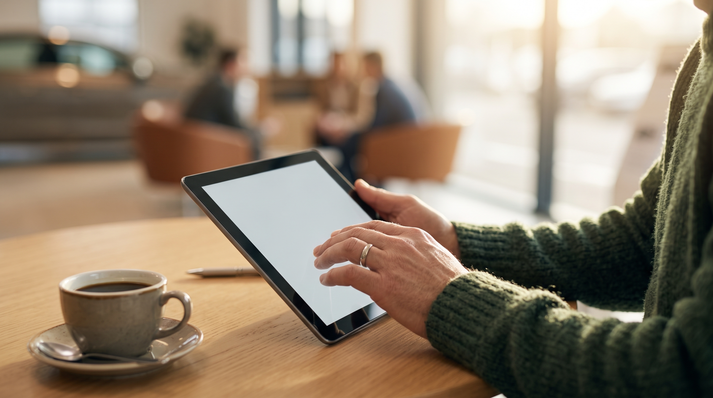 ショールームでタブレット端末を操作する顧客の手元のクローズアップ。リラックスした雰囲気の中で、車のカラーやグレードを比較検討している商談の様子です。