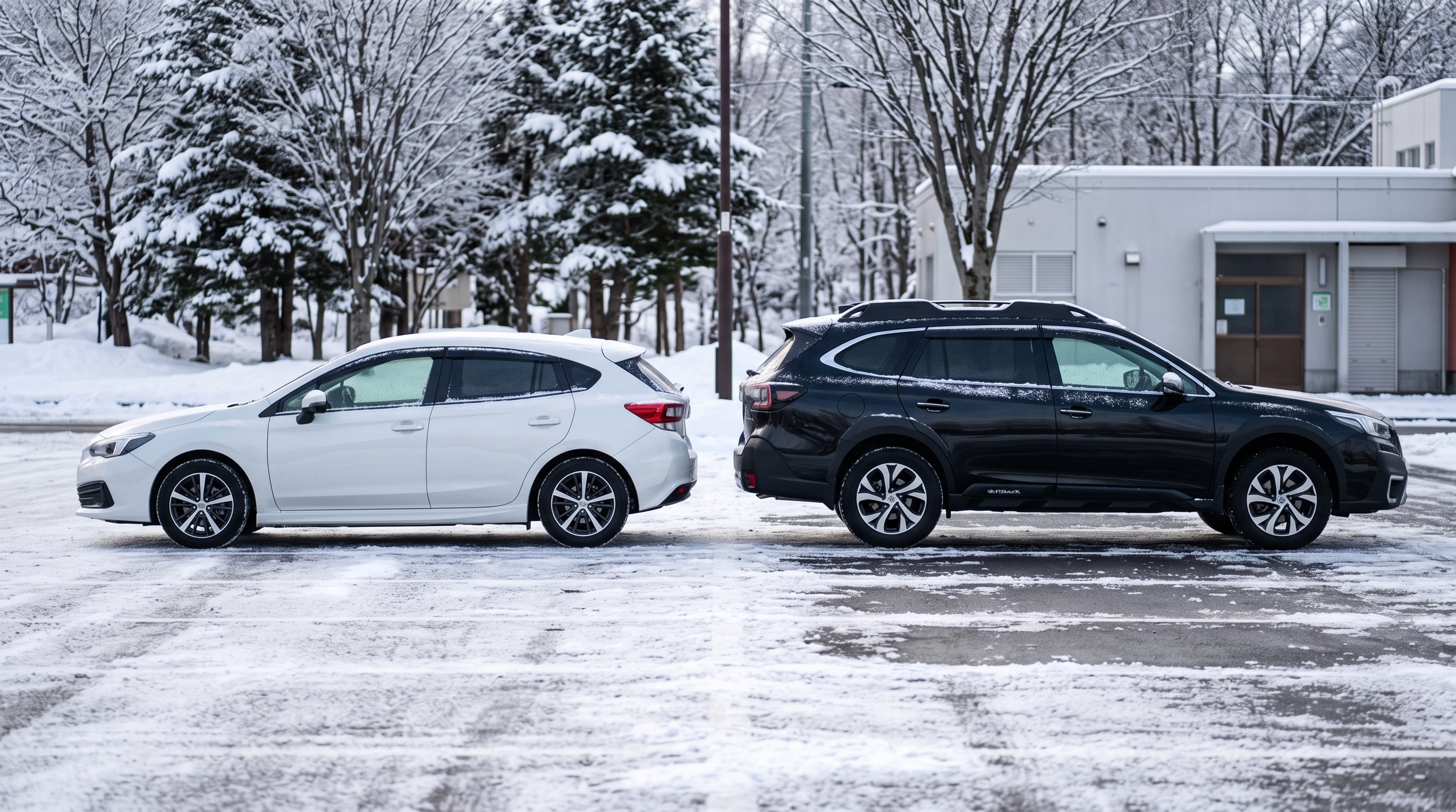 雪が積もった冬の朝の駐車スペースに、白いコンパクトハッチバックと黒い大型SUVが並んでいる様子。真横からの視点で、2台の車高や全長の違いを比較できる構図です。