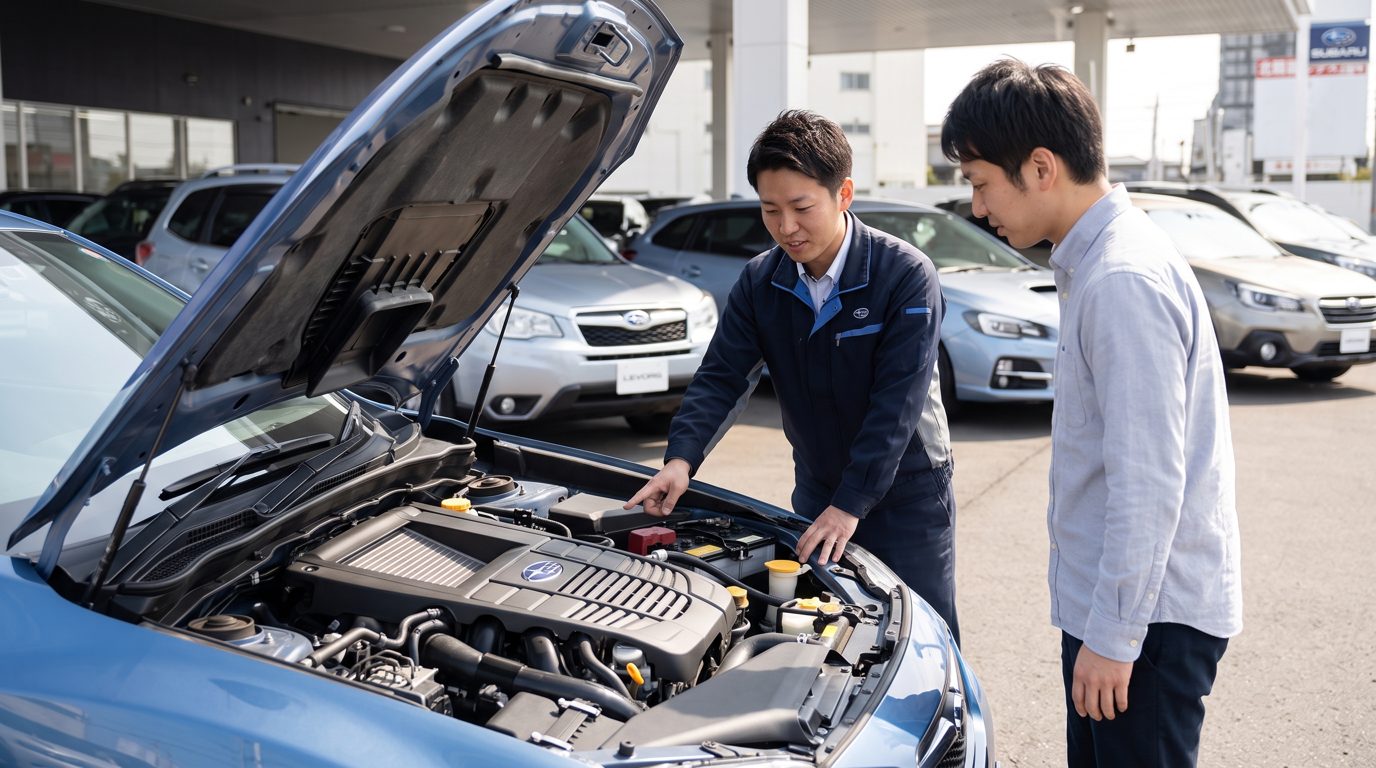 春の午前、中古車展示場で販売スタッフが顧客に車のボンネットを開け、エンジンルームの状態を説明しているクローズアップ。爽やかな陽光が差し込む中での商談シーン。