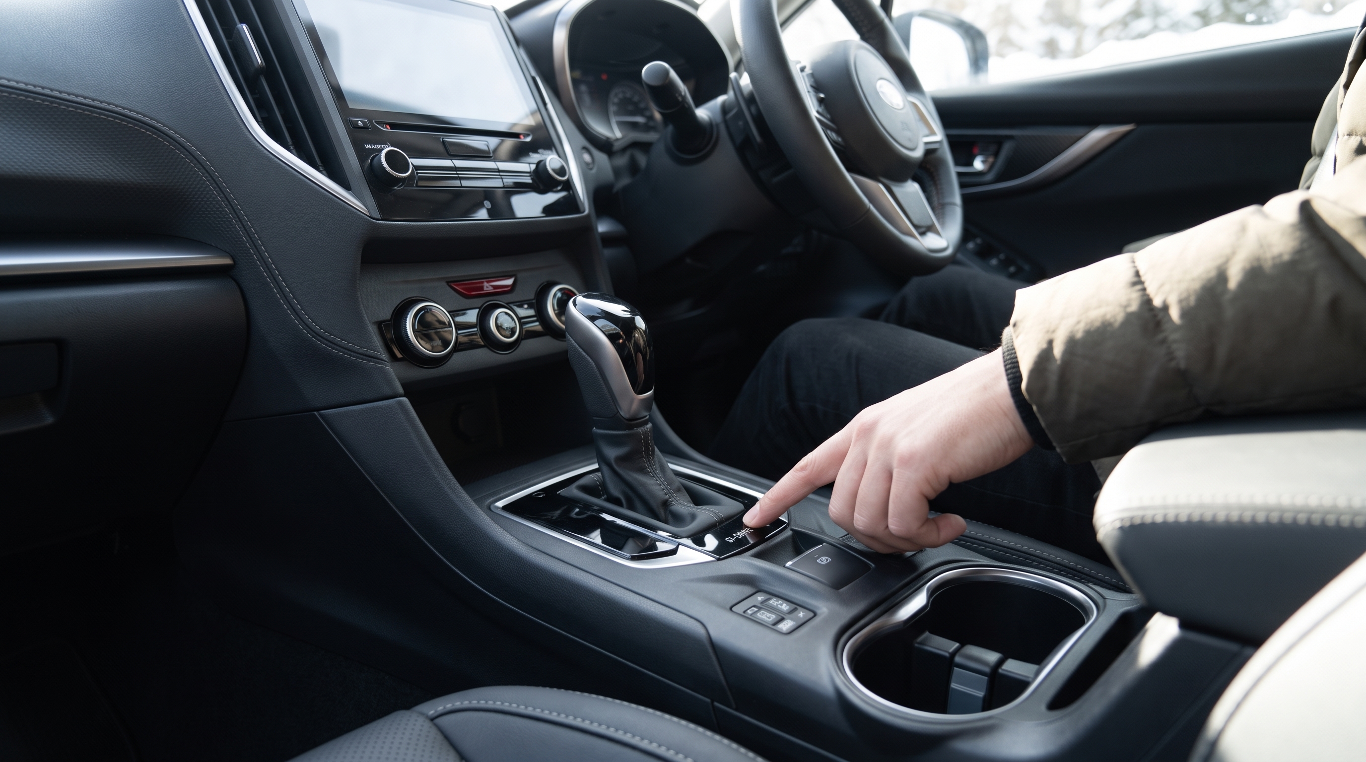 運転席からセンターコンソールを見下ろした様子。明るい自然光が差し込む中、ドライバーが走行モードのスイッチを押そうとしている瞬間を捉えたクローズアップ。
