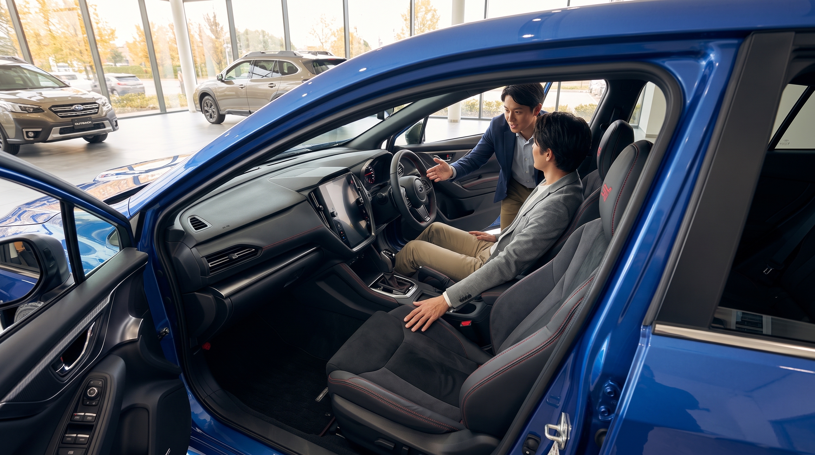 ショールームでステーションワゴンの運転席ドアを開け、内装を確認する様子。柔らかな自然光に照らされたシートやダッシュボードの配置を斜め上から捉えたシーン。