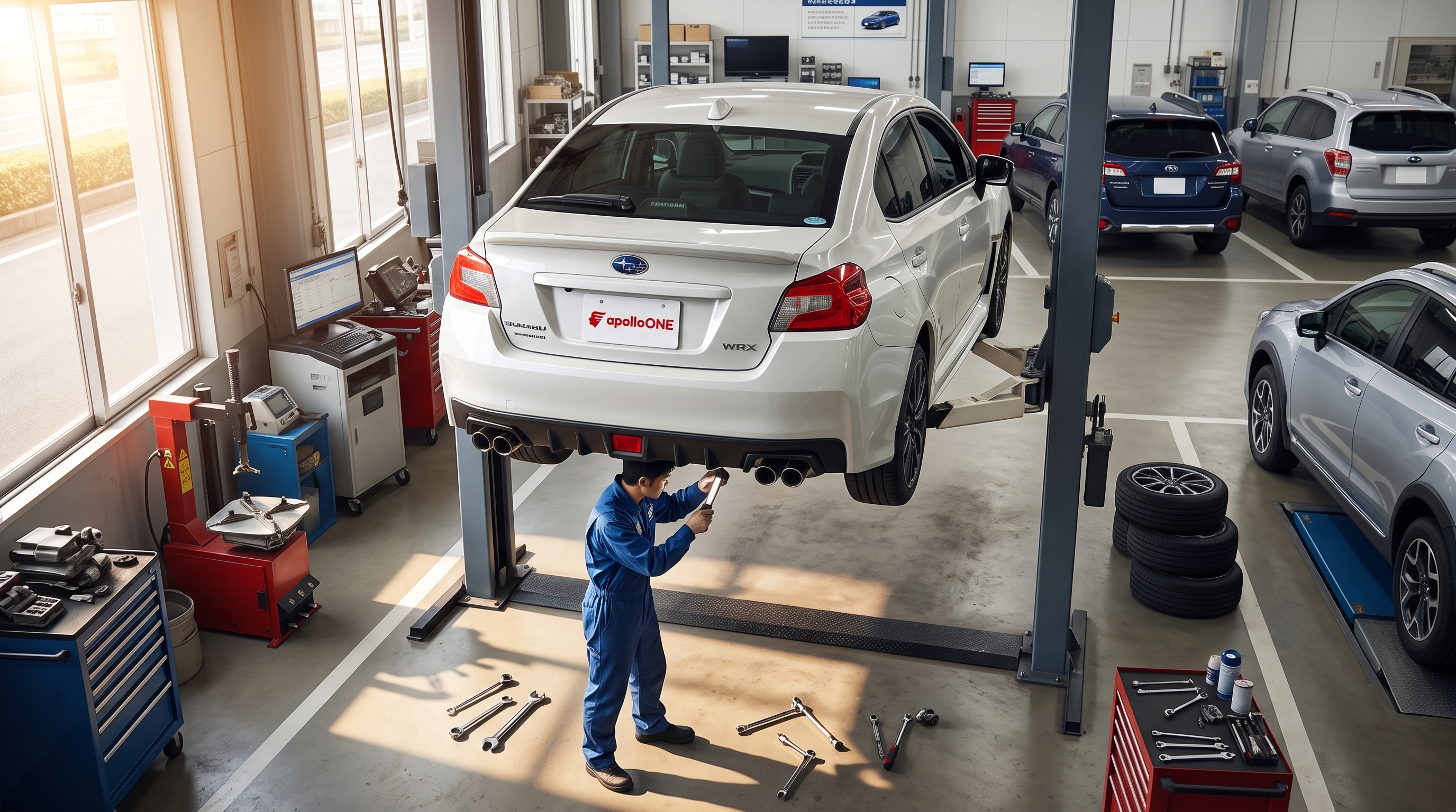 明るい整備ピットでリフトアップされた白いスポーツカーの様子。作業着姿の整備士が車体の下回りや排気系パーツを丁寧に点検している、メンテナンス作業のシーンです。