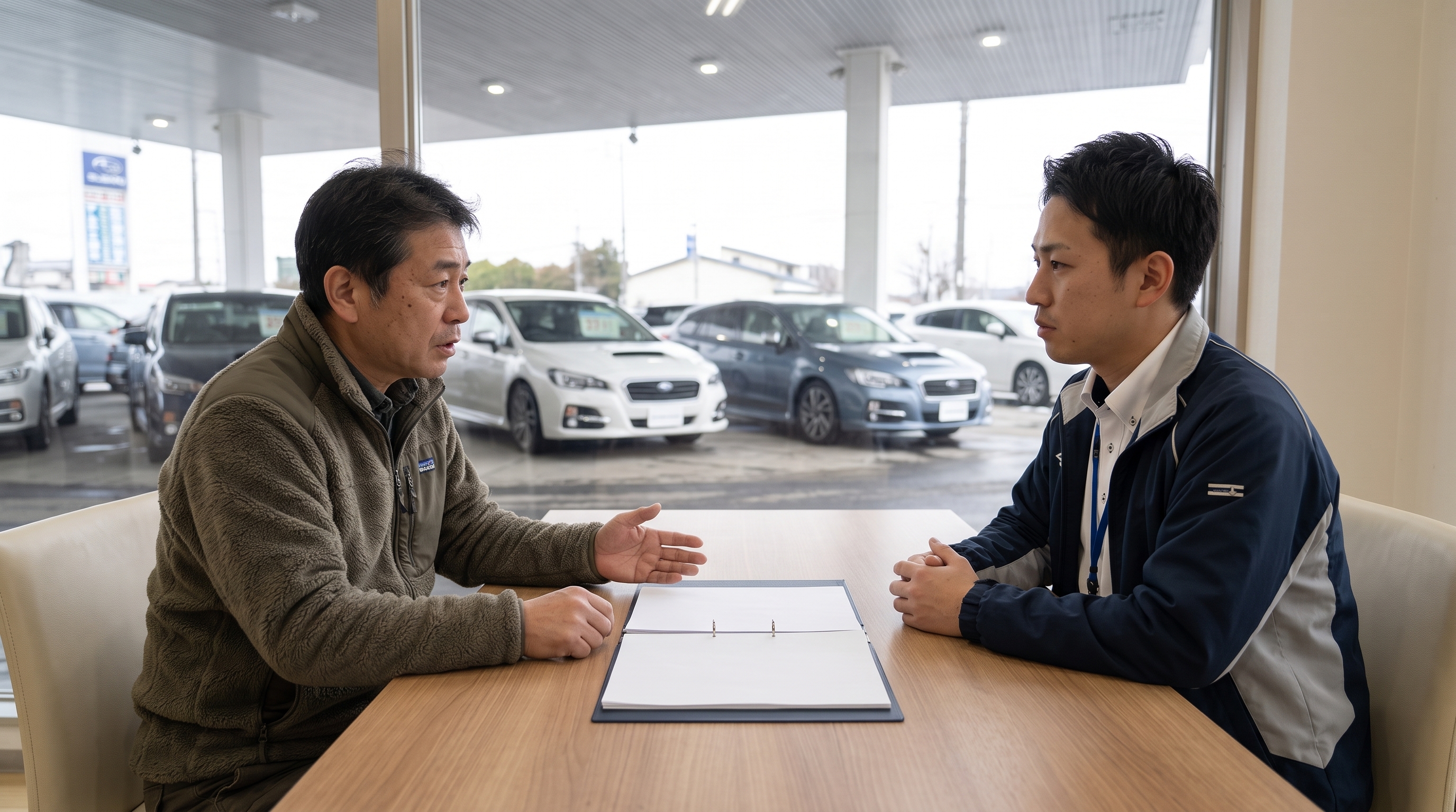中古車店の商談スペースで、顧客とスタッフが向かい合って話し合っているシーン。テーブルにバインダーが置かれ、車の維持費や実用性について真剣に相談している様子。