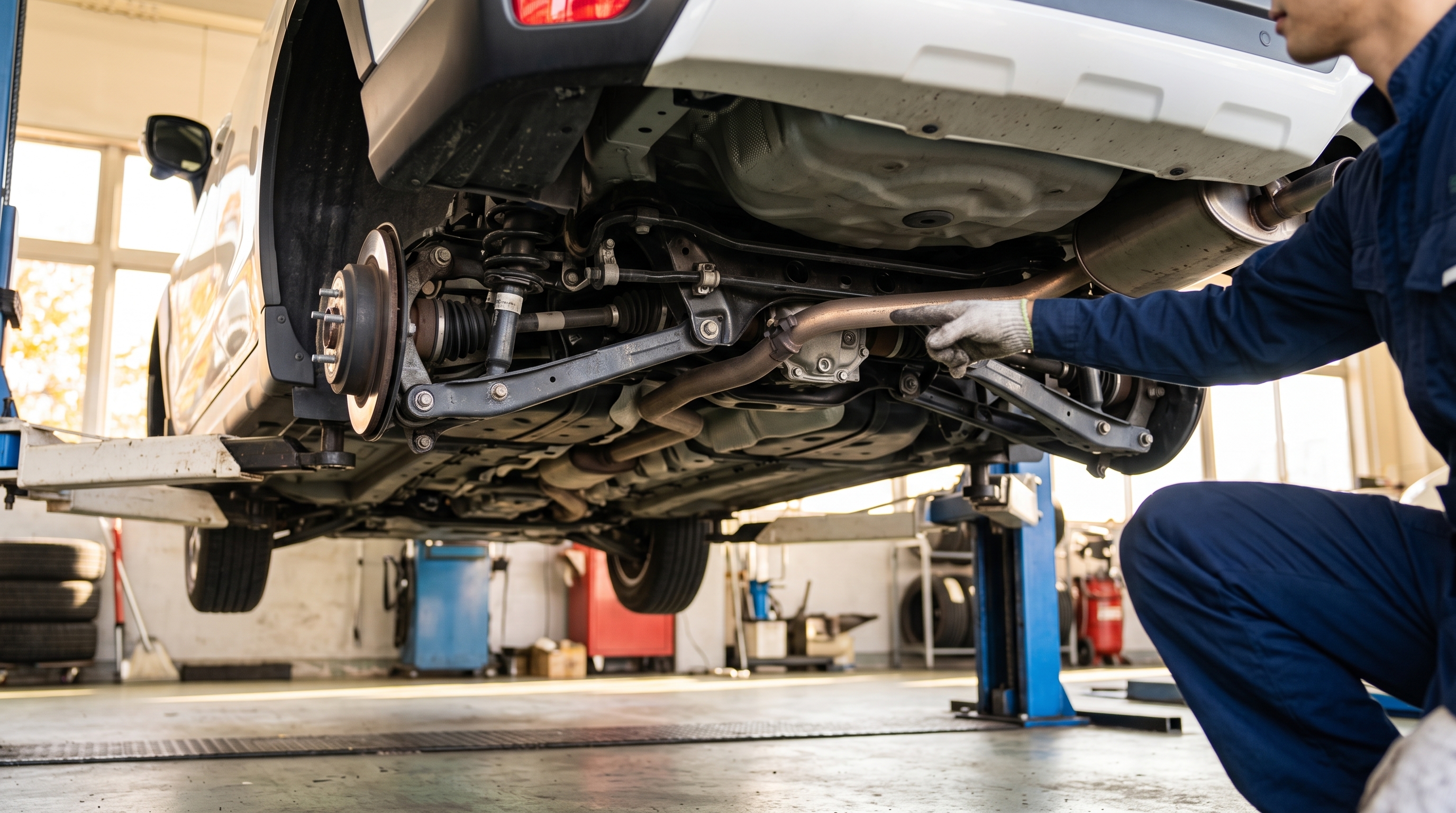 明るい整備工場内でリフトアップされた白いSUVの車体下部と、堅牢なサスペンションや4WDシステムの構造を指差して確認する作業スタッフの手元のクローズアップ。