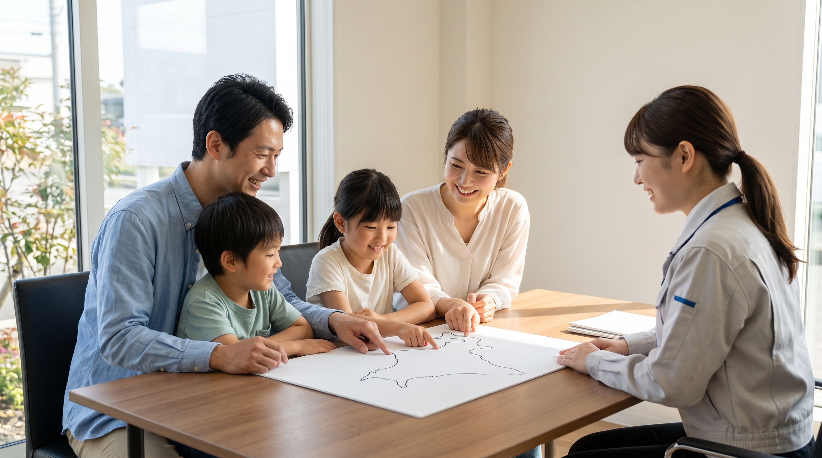 商談スペースで、家族連れとスタッフがテーブルを囲む様子。白地図を指差して楽しそうにドライブ計画を立てる、自然な笑顔とリラックスした空気感を捉えたシーン。