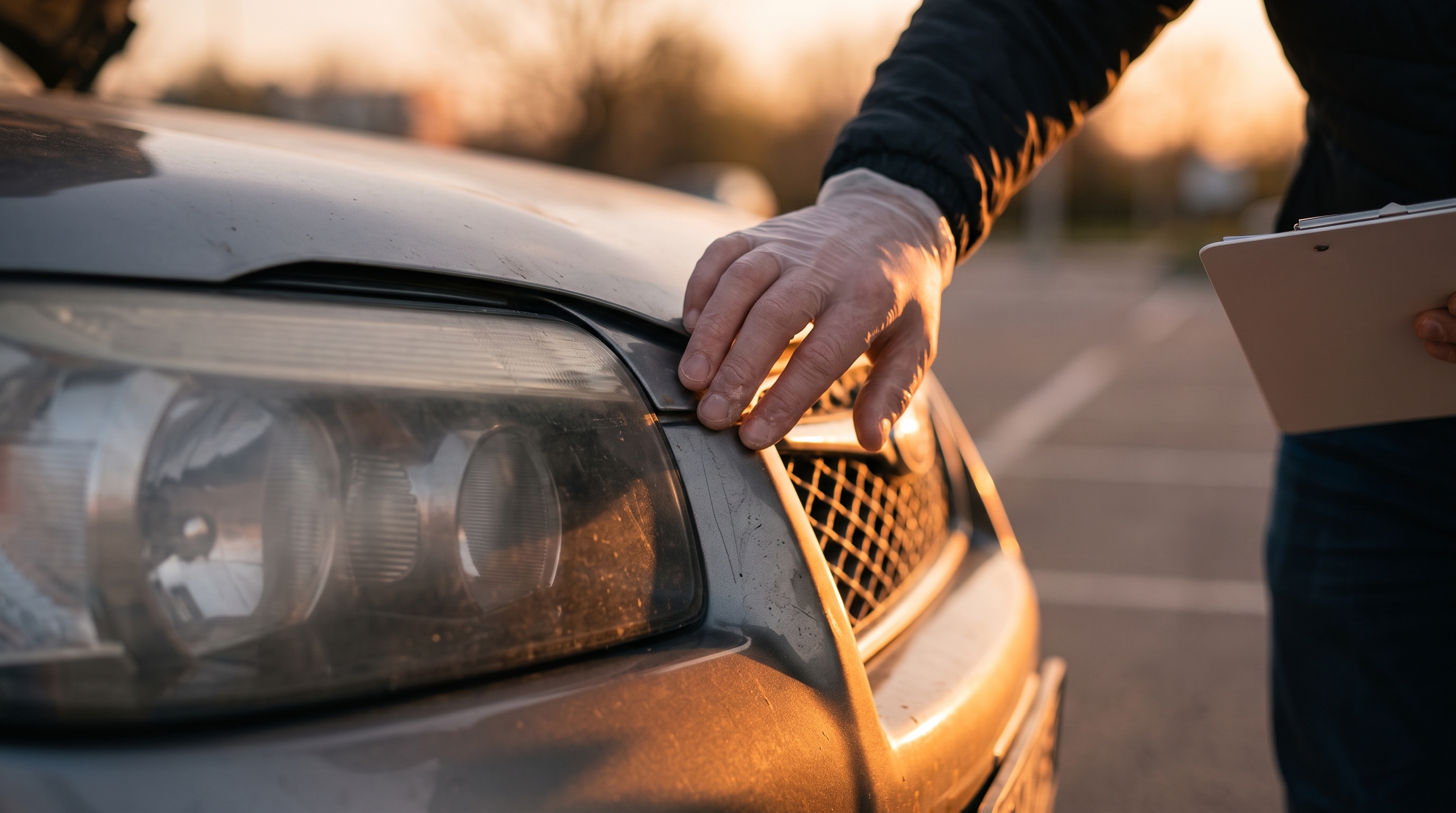夕暮れ時の西日が車のメタリック塗装を照らす中、下取り査定のためにSUVのヘッドライトやフロントグリル周辺を細かくチェックする査定士の手元のクローズアップ。