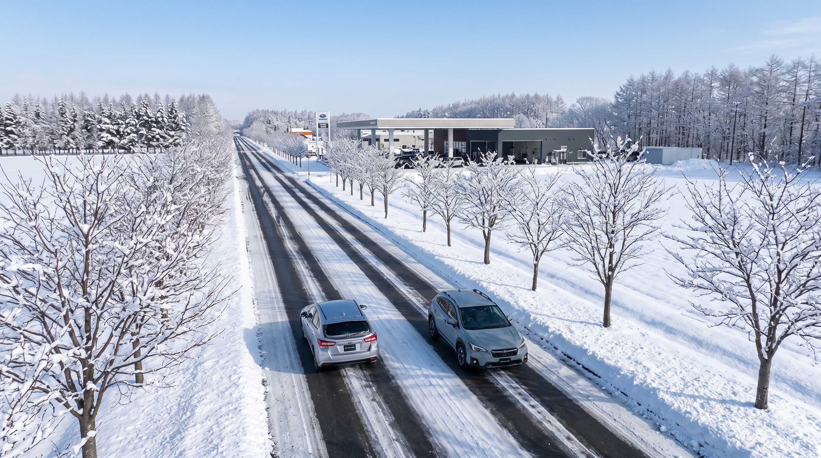 雪が薄く積もった冬の直線道路を、シルバーの車とグレーのSUVが連なって走る様子。雪化粧した木々と澄み切った青空が広がる風景をハイアングルから捉えた俯瞰写真。