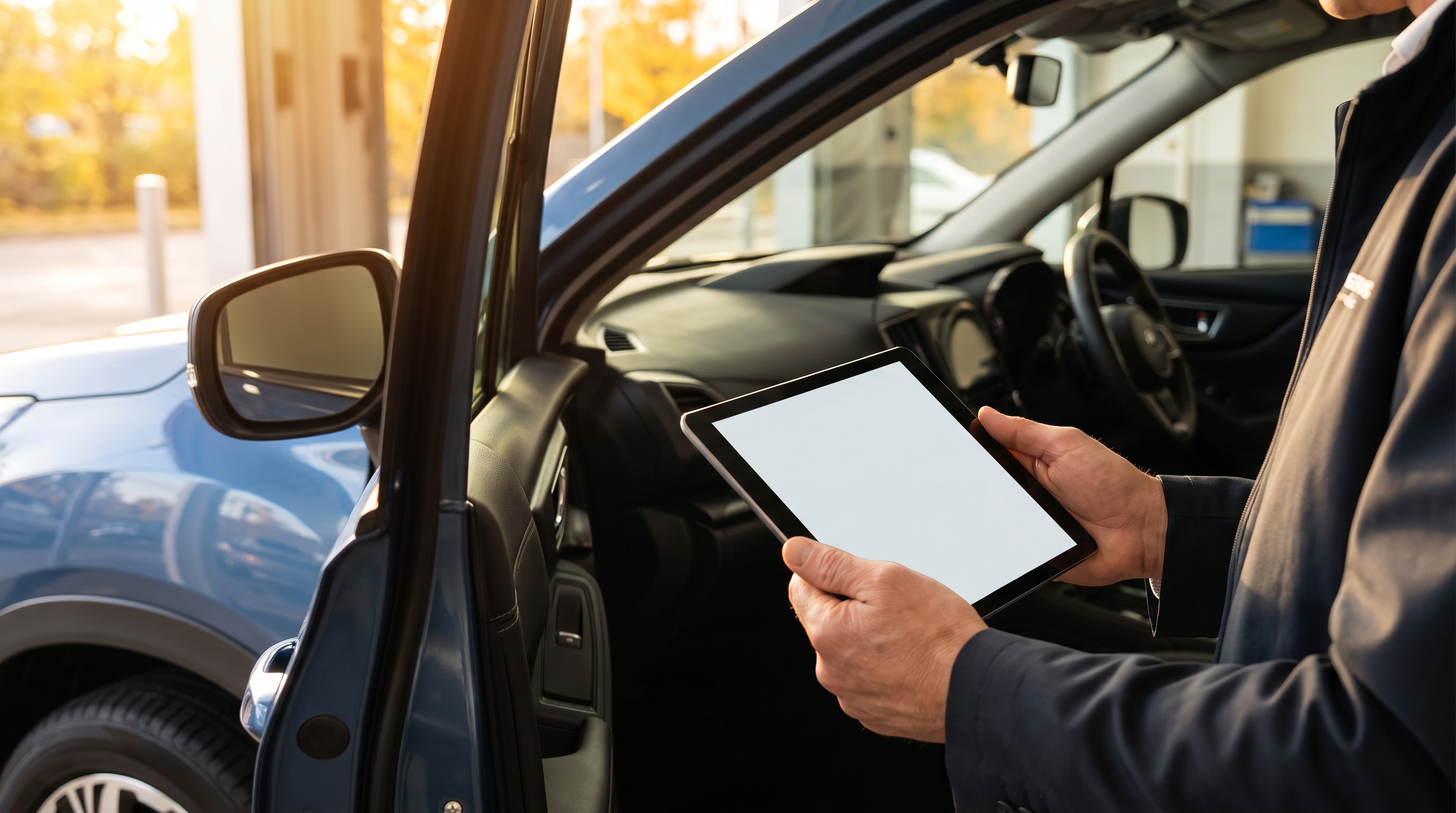 運転席のドアを開け、ピラー付近の金属プレートにピントを合わせたクローズアップ。スタッフが持つタブレット端末と対比させ、車両情報を細かく照会している体験シーン。