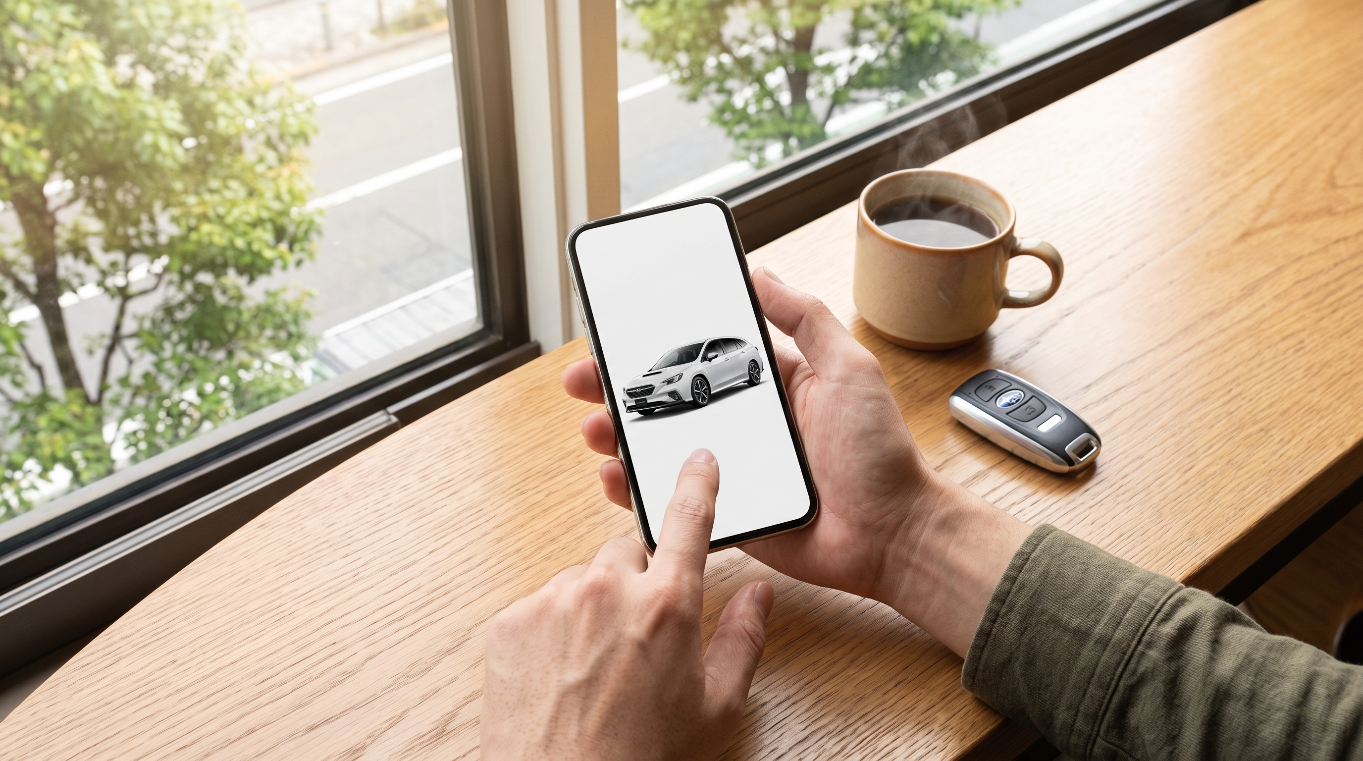 明るいカフェの窓際席で、スマートフォンを操作して車を探している人物の手元のクローズアップ。木製のテーブルにはコーヒーとスマートキーが置かれています。